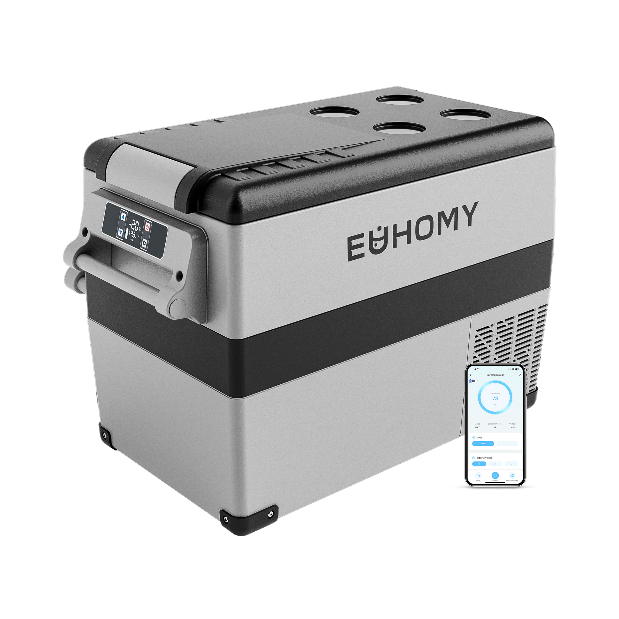 EUHOMY 48-59 Quart portable car refrigerator gray and black with digital display and smartphone app control.