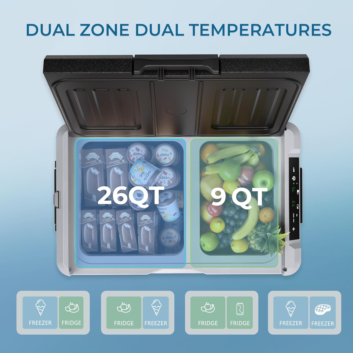 Euhomy Rover W4 dual-zone car refrigerator with 26QT and 9QT compartments