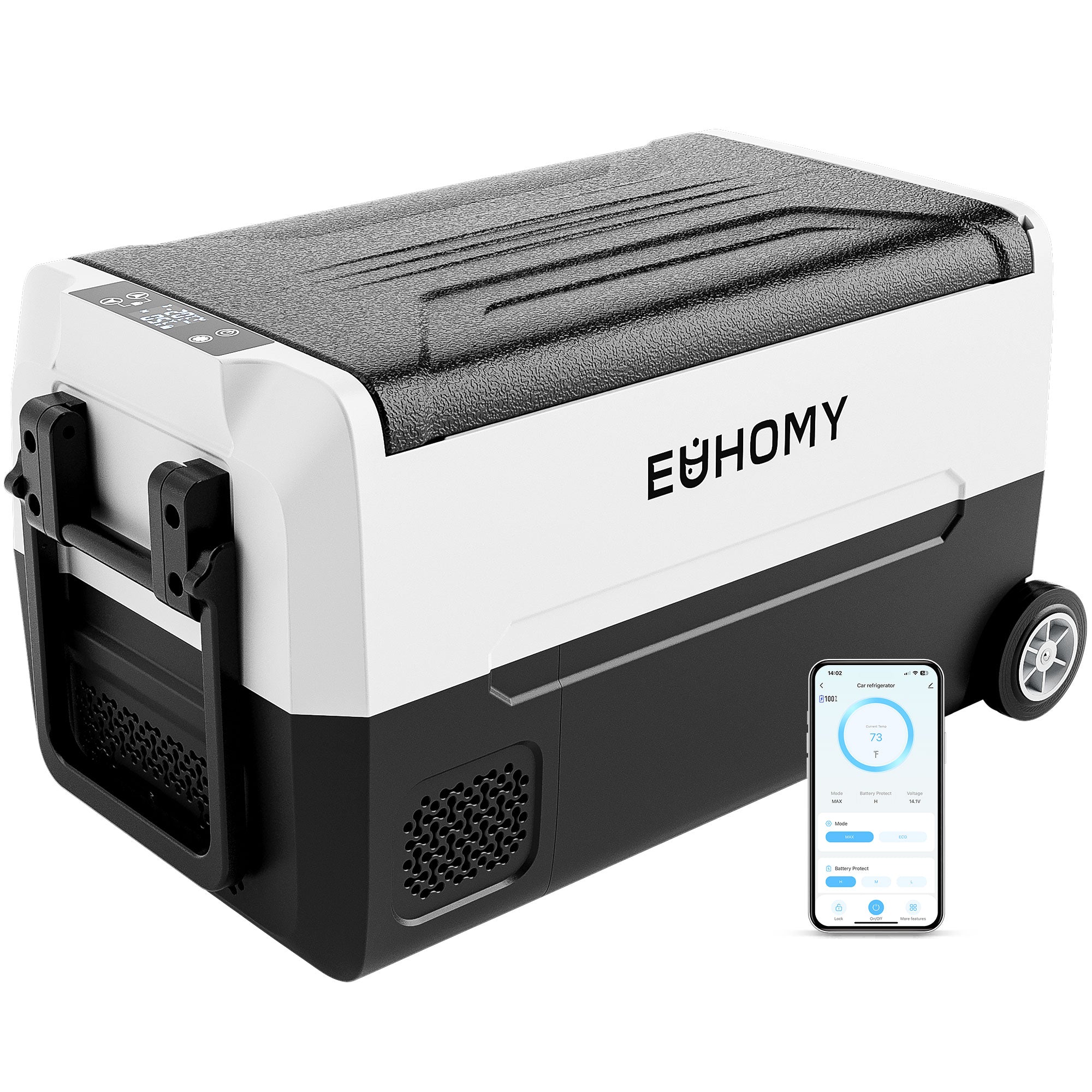 Euhomy 37-quart portable dual-zone car refrigerator with wheels, handle, and app control shown on a smartphone.