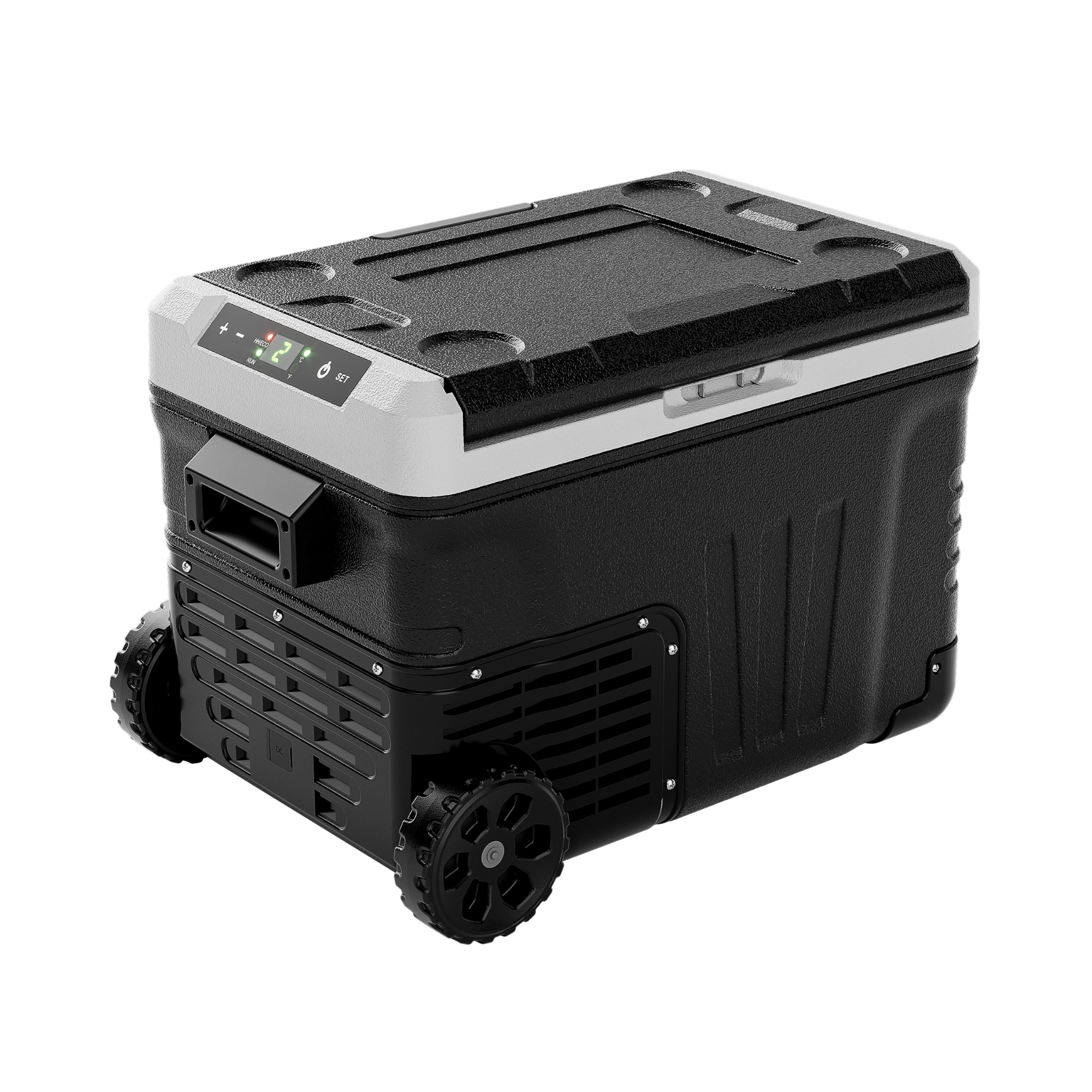 Black Euhomy 12 Volt Car Refrigerator, 53 Quart, frost free, portable, with digital display and wheels.
