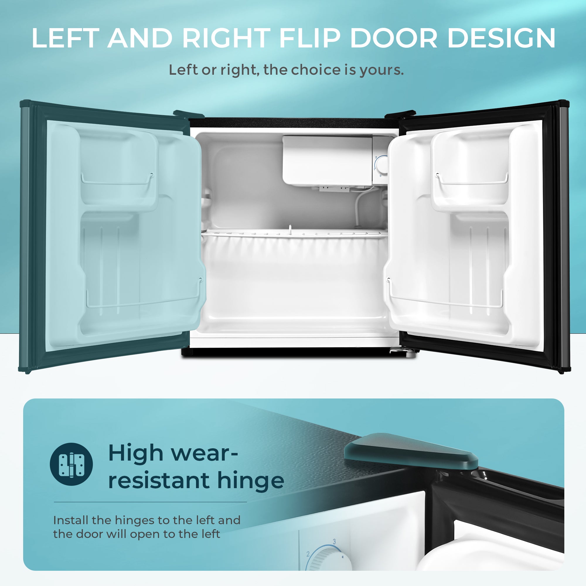 EUHOMY 1.7 Cu.Ft black mini fridge open with reversible door hinge detail.