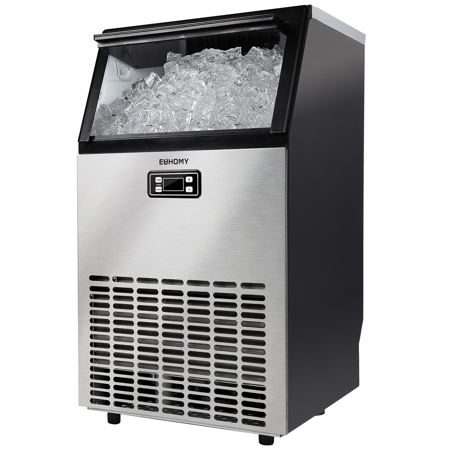 EUHOMY stainless steel undercounter ice machine with black control panel and transparent lid full of ice, ETL certified.