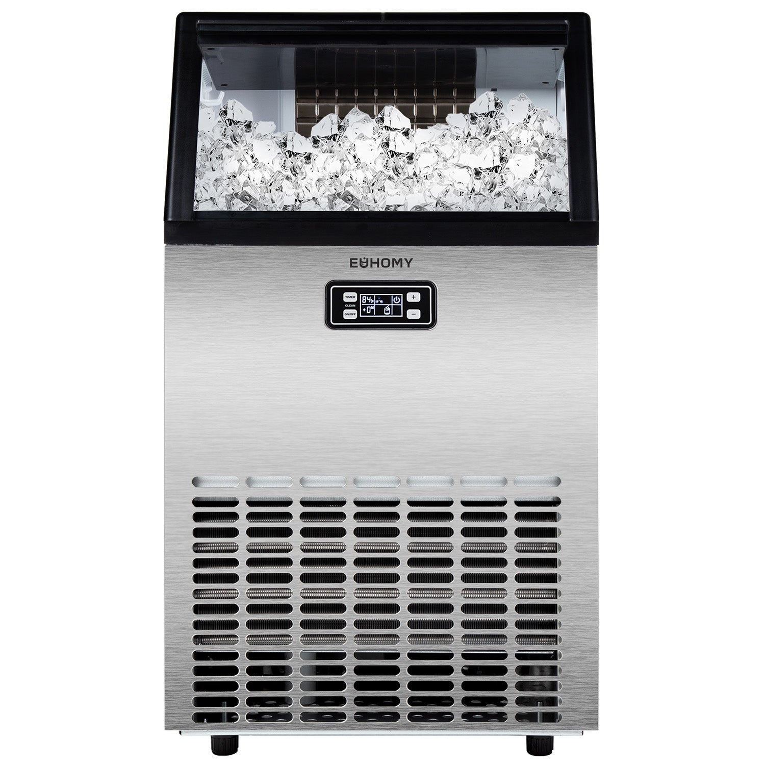 EUHOMY undercounter ice machine stainless steel with transparent lid, full ice bin and digital control panel.