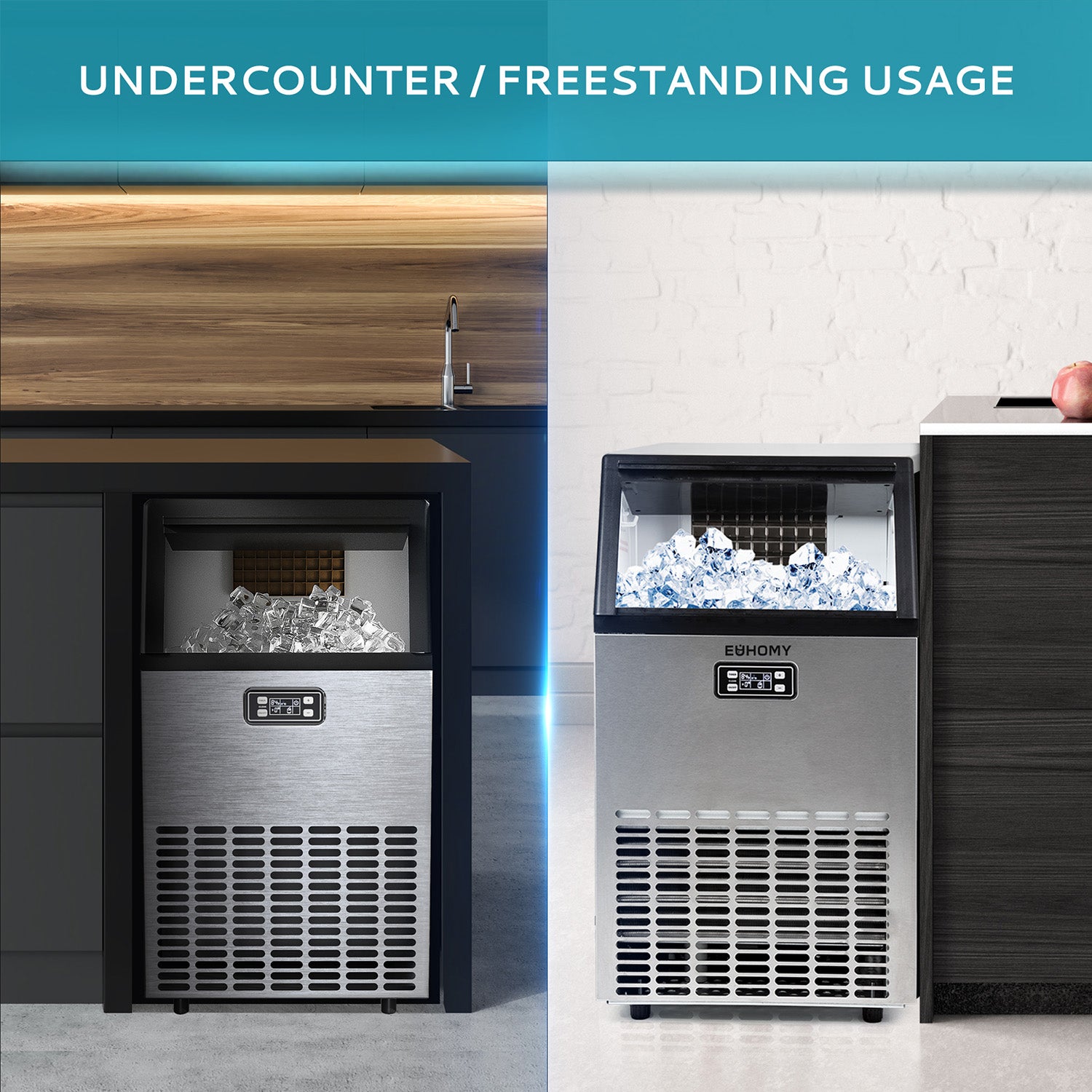 EUHOMY stainless steel ice machine shown both undercounter and freestanding with transparent lid revealing ice.