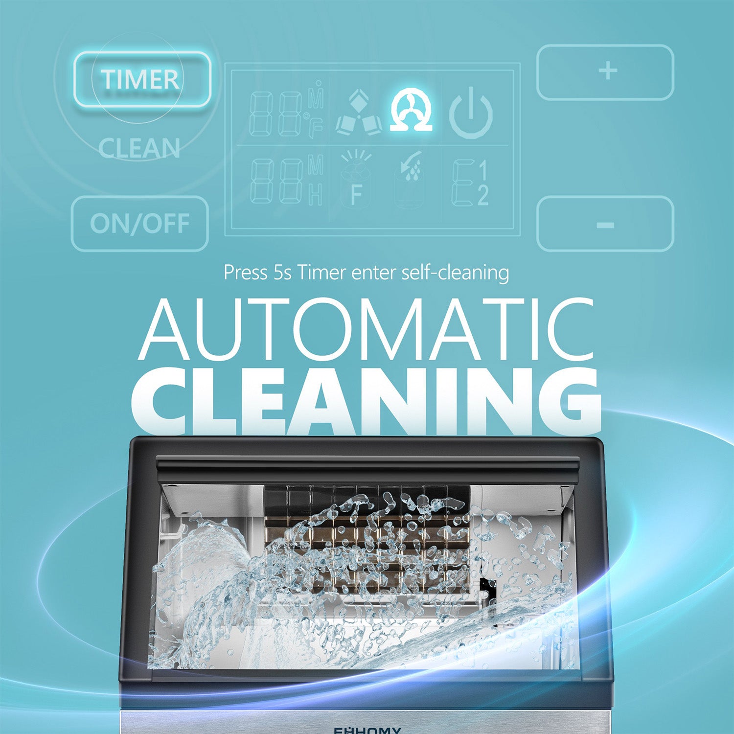EUHOMY undercounter ice machine control panel featuring automatic cleaning and ice making interior.