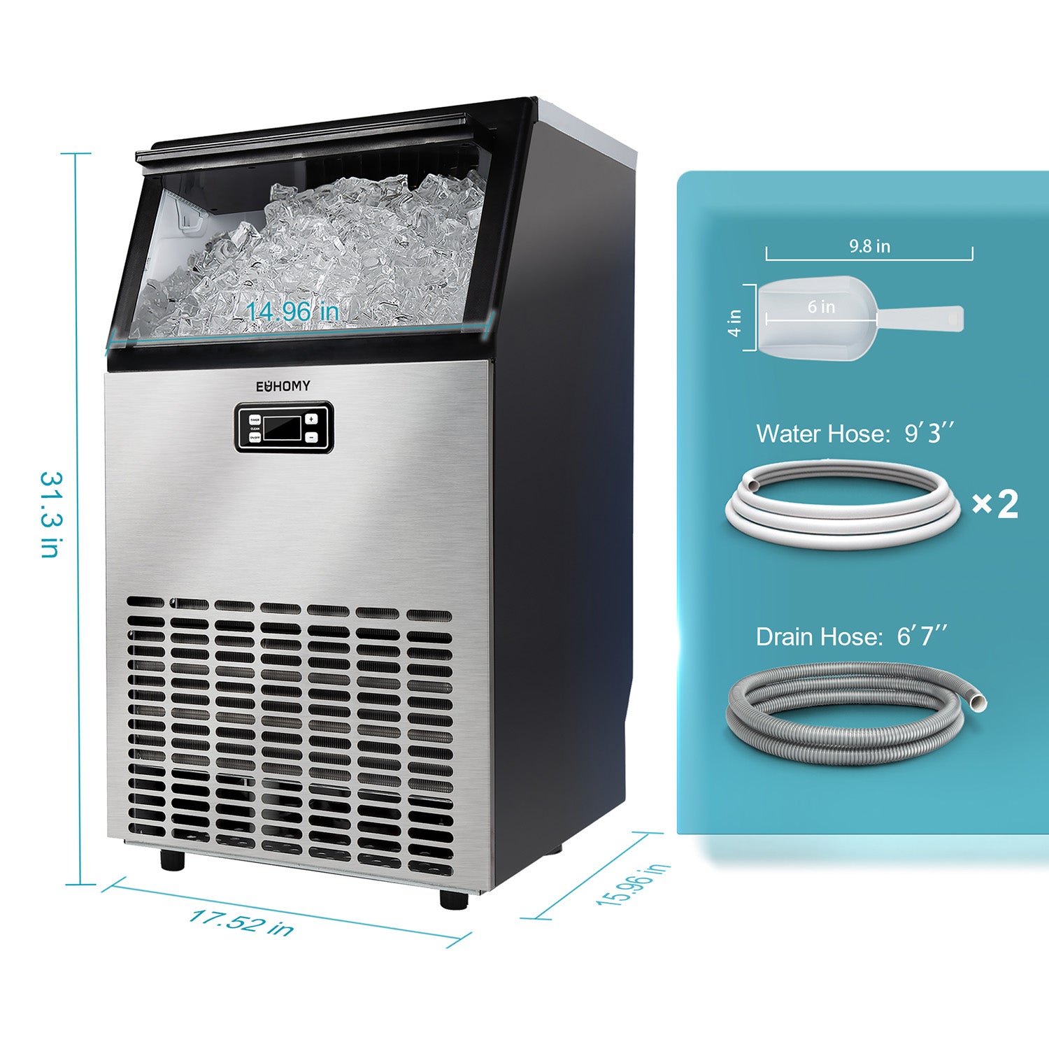 EUHOMY undercounter ice maker stainless steel 31.3H x 17.52W x 15.96D with ice and bar accessories.