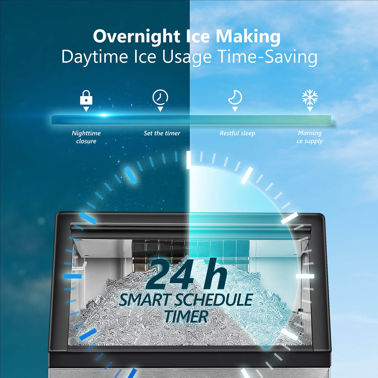 EUHOMY 24-hour smart schedule timer ice machine with full ice bin for overnight ice making and daytime use.