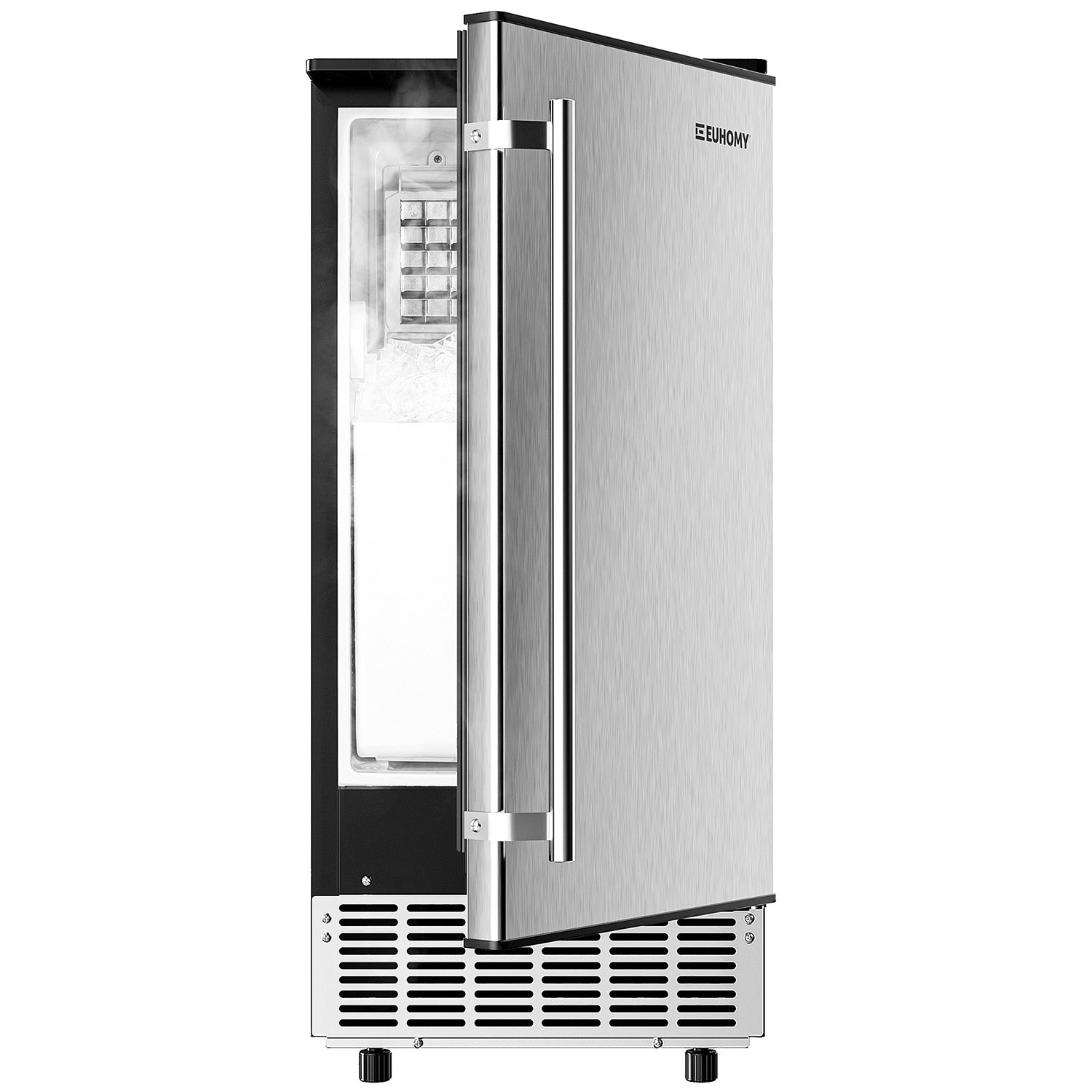 EUHOMY built-in commercial ice machine, stainless steel, open door reveals ice bin. Kitchen/bar appliance.