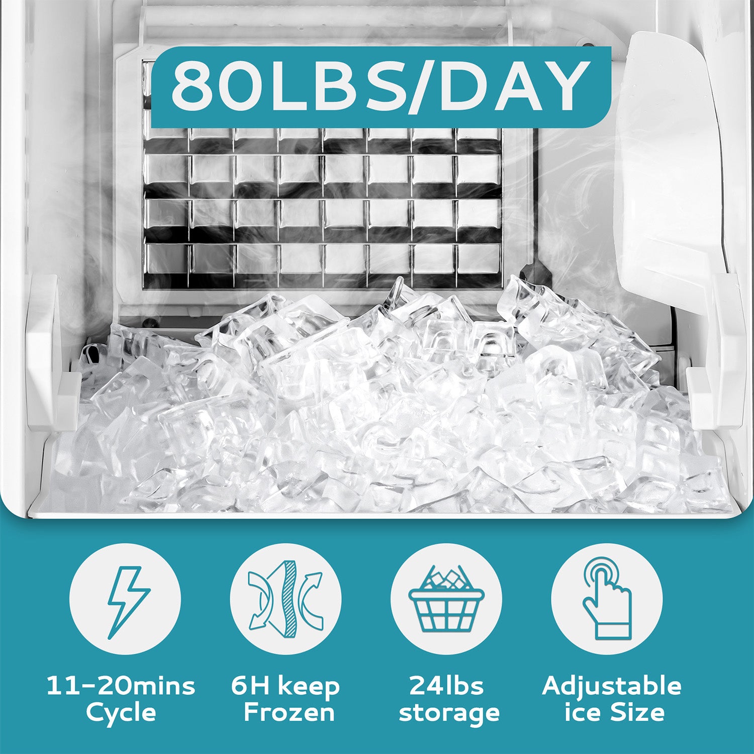 EUHOMY 80 lbs/day commercial ice machine bin with 24 lbs storage, 11-20 min cycle, 6H frozen, adjustable size.