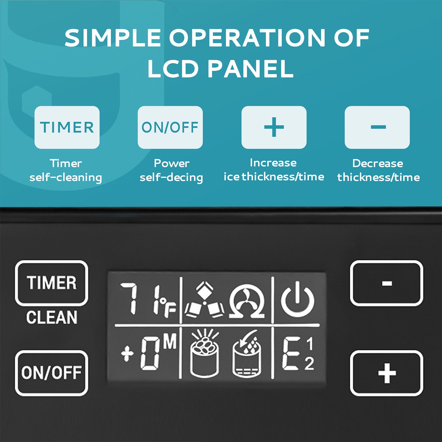Euhomy commercial ice machine LCD panel showing timer, cleaning, and ice thickness controls for simple operation.