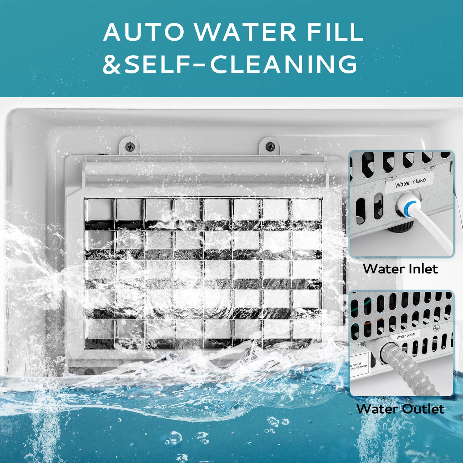 EUHOMY commercial ice machine auto water fill & self-cleaning illustration with water inlet/outlet details.