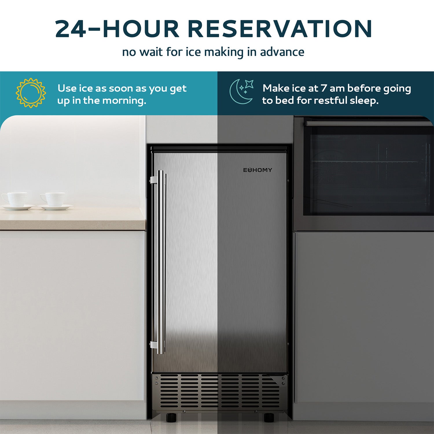 EUHOMY commercial ice machine in kitchen showing 24-hour reservation for timed ice making.