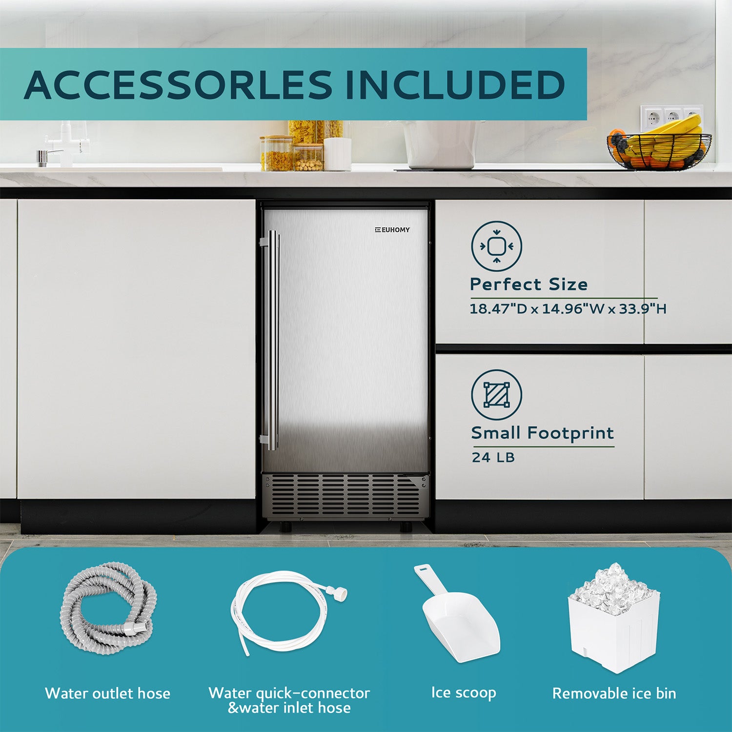 EUHOMY built-in ice machine in kitchen, showing dimensions and included accessories: scoop, hoses, ice bin.