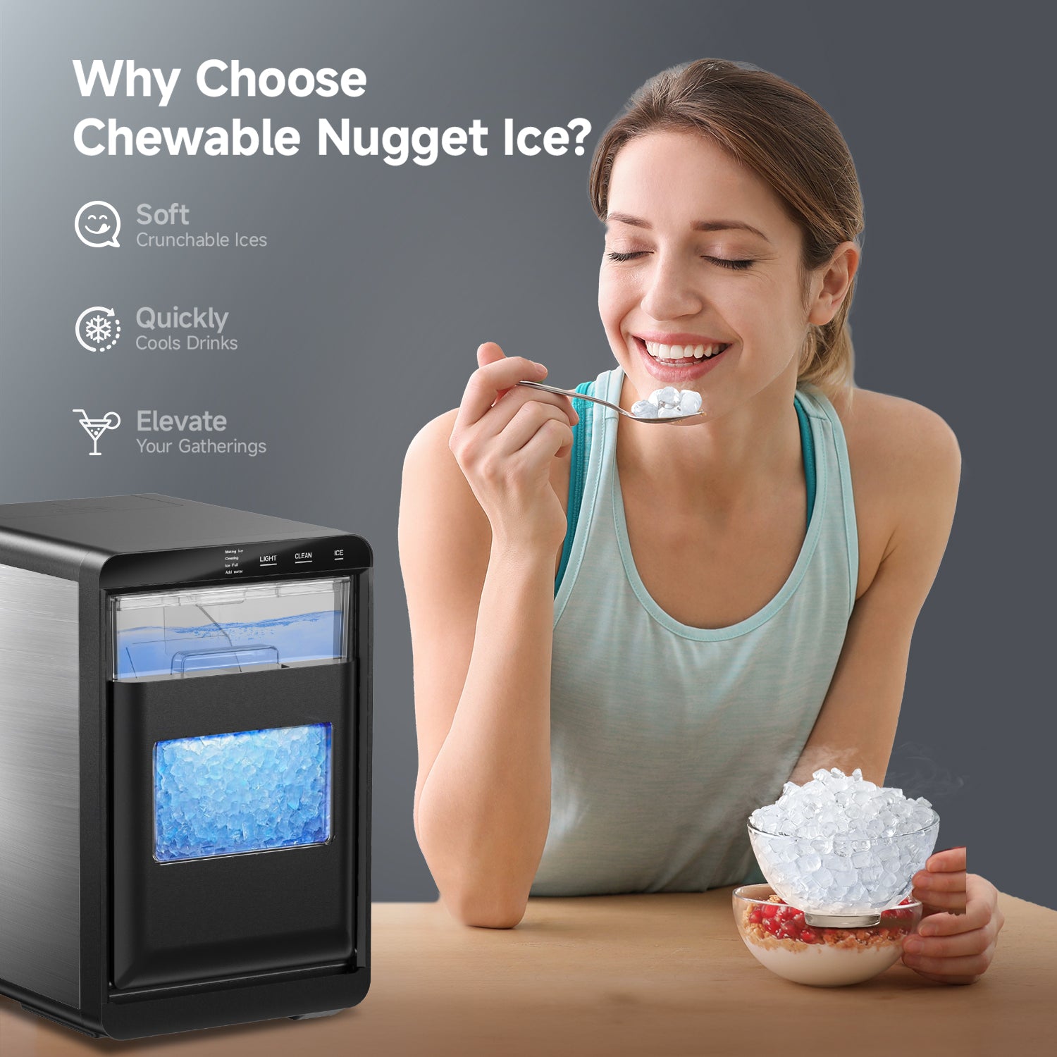 Euhomy Pearl L1 Plus ice maker next to a woman enjoying soft, crunchable nugget ice from a spoon. Full ice bin visible.