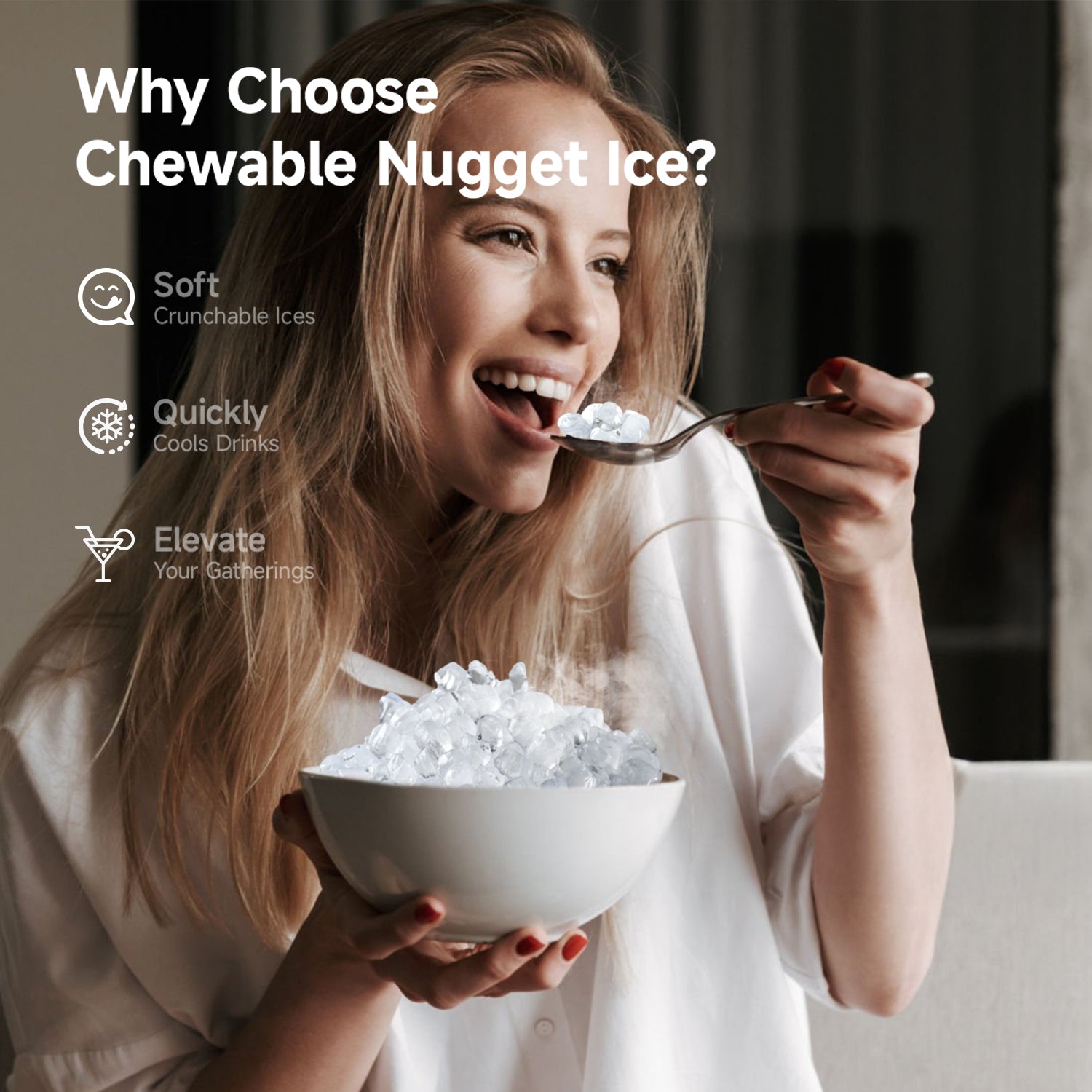Woman enjoying Euhomy nugget ice from a bowl, highlighting soft, crunchable ice for drinks and gatherings.