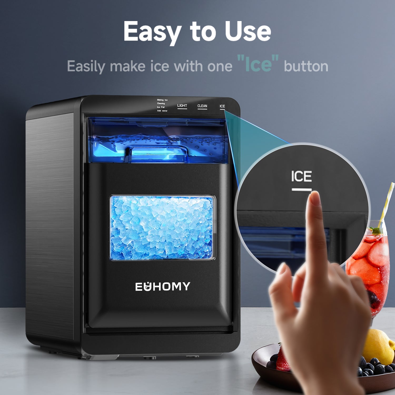 Euhomy Pearl L1 Plus nugget ice maker, hand pressing the 'ICE' button for easy operation, full ice bin displayed.