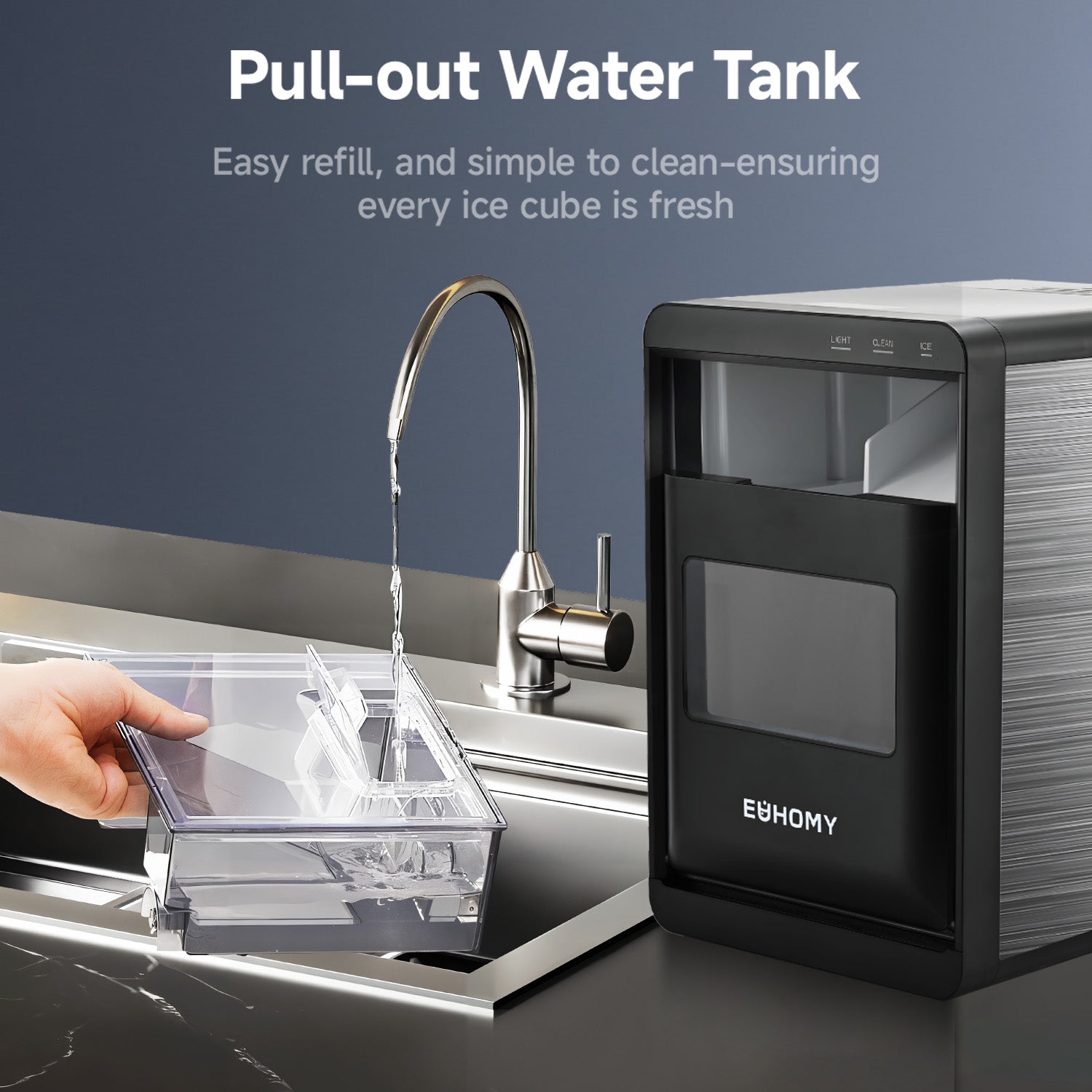 Euhomy Pearl L1 Plus nugget ice maker: pull-out water tank refill and cleaning demonstration.
