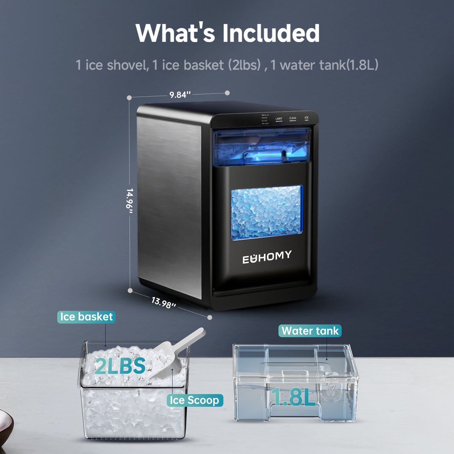 Euhomy Pearl L1 Plus nugget ice maker dimensions, with 2lb ice basket, scoop, and 1.8L water tank shown.