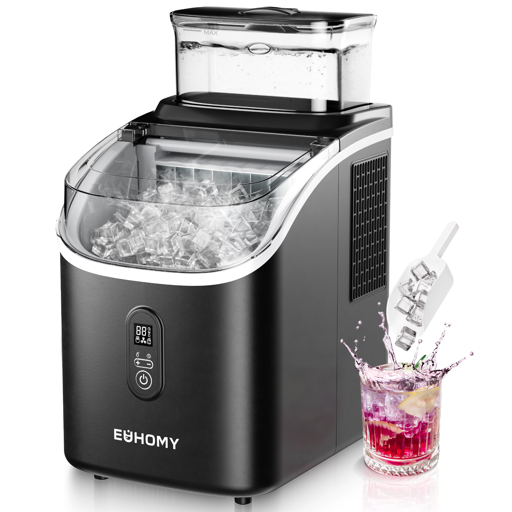 Euhomy Tile SE black ice maker with full ice bin, external water tank, and a glass of iced beverage, ideal for home use.