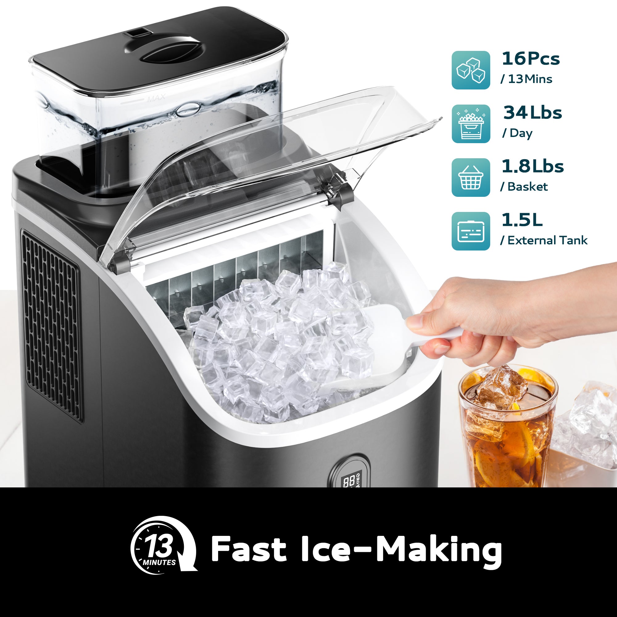 Euhomy Tile SE ice maker: 16 ice cubes in 13 mins, 34 lbs/day, 1.8 lbs basket, 1.5L external tank.