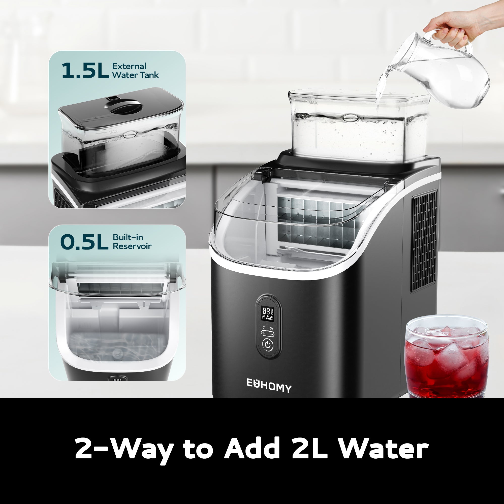 Euhomy Tile SE ice maker demonstrating 2L water capacity with external 1.5L tank and 0.5L built-in reservoir, black finish.