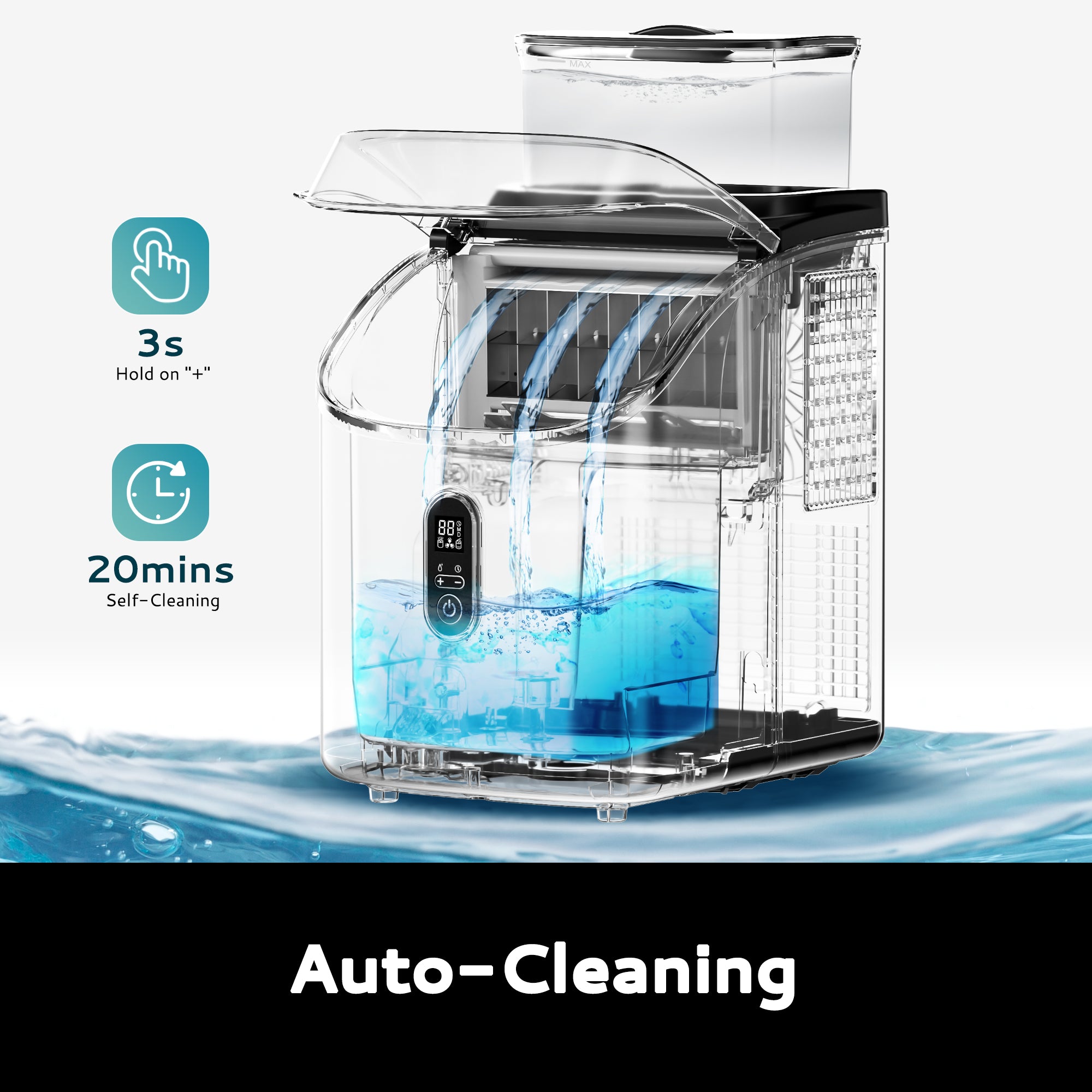 Euhomy Tile SE ice maker: 20-min auto-cleaning in action. Hold '+' for 3s to activate.