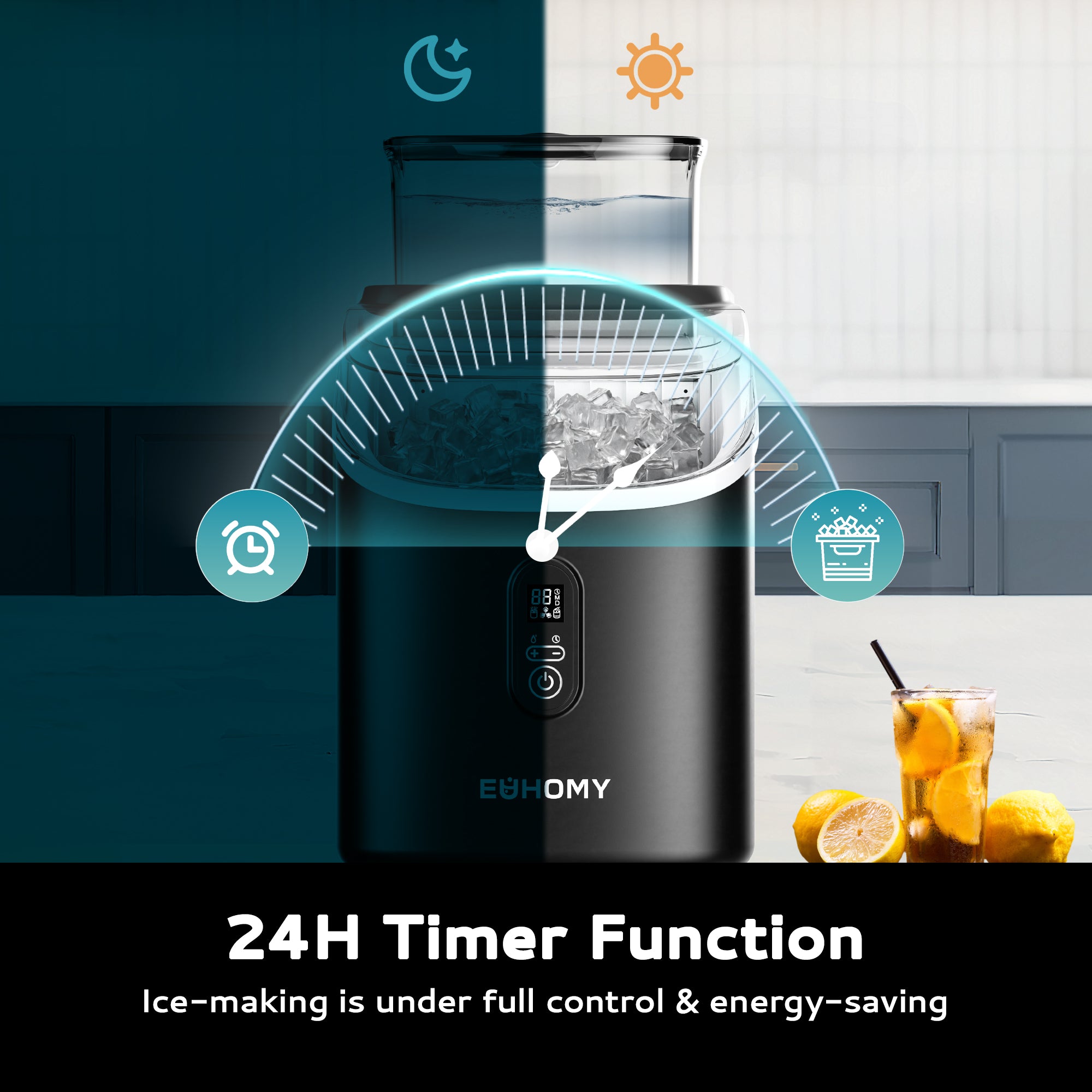 Black Euhomy Tile SE ice maker with 24H timer function, showing night and day cycles for energy-saving ice production.