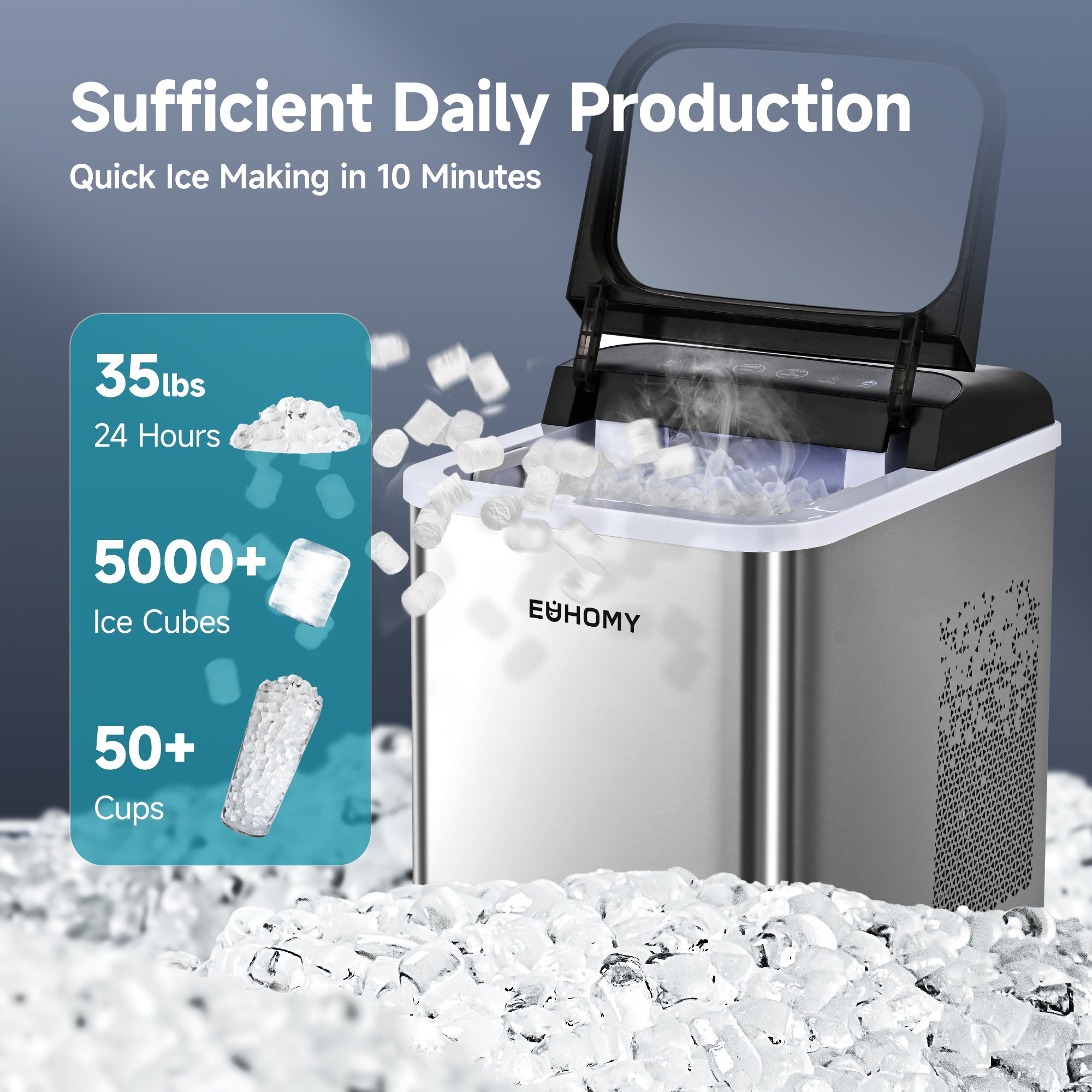 Euhomy U1 nugget ice maker actively dispensing ice, showing 35 lbs/24h production, chewable ice machine for home and RV.