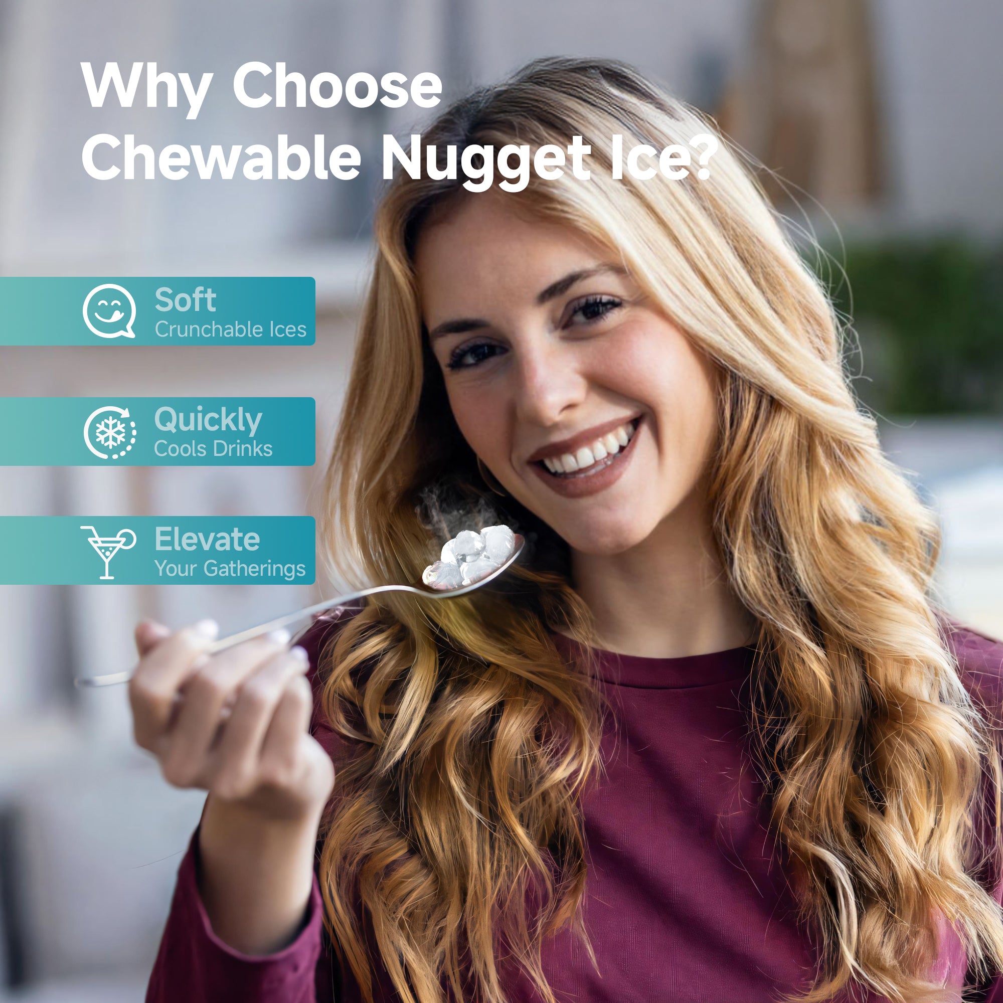 Woman with Euhomy Pearl U1 nugget ice, smiling. Highlights soft, chewable ice that cools drinks quickly.