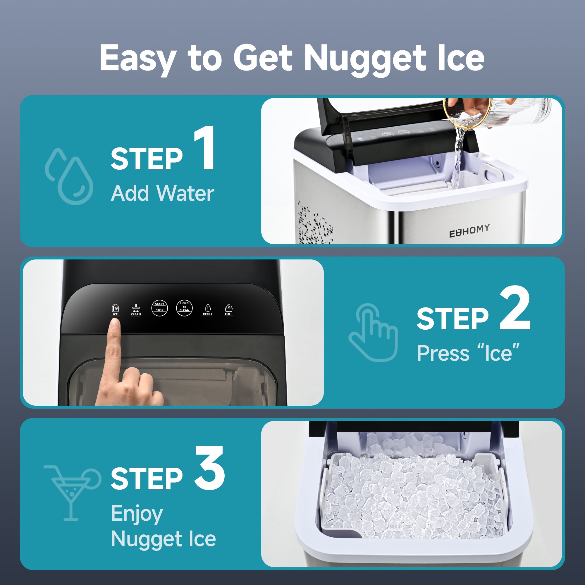 Euhomy Pearl U1 Nugget Ice Maker: Step 1 add water, Step 2 press 'Ice', Step 3 enjoy nugget ice. Portable sonic ice maker.