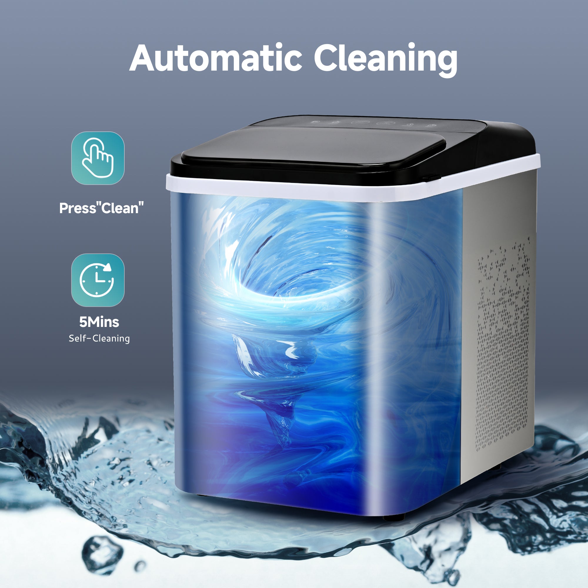 Euhomy Pearl U1 ice maker with automatic cleaning feature, press clean, 5 mins self-cleaning.