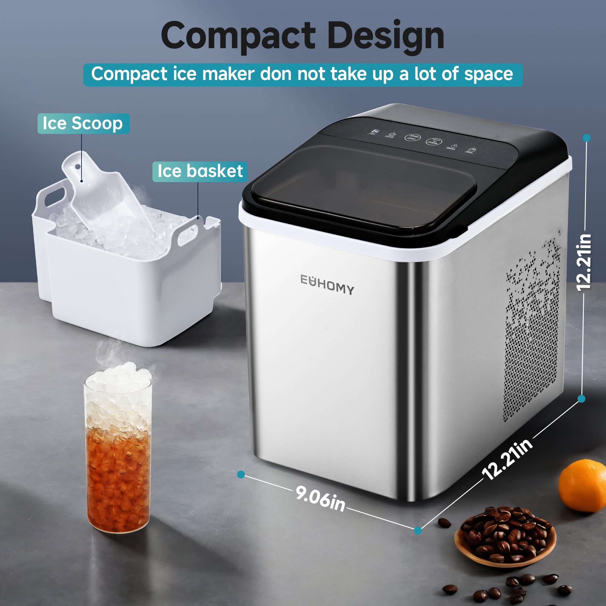 Euhomy Pearl U1 compact nugget ice maker with ice basket and scoop, dimensions 9.06x12.21x12.21 inches, for home and RV.