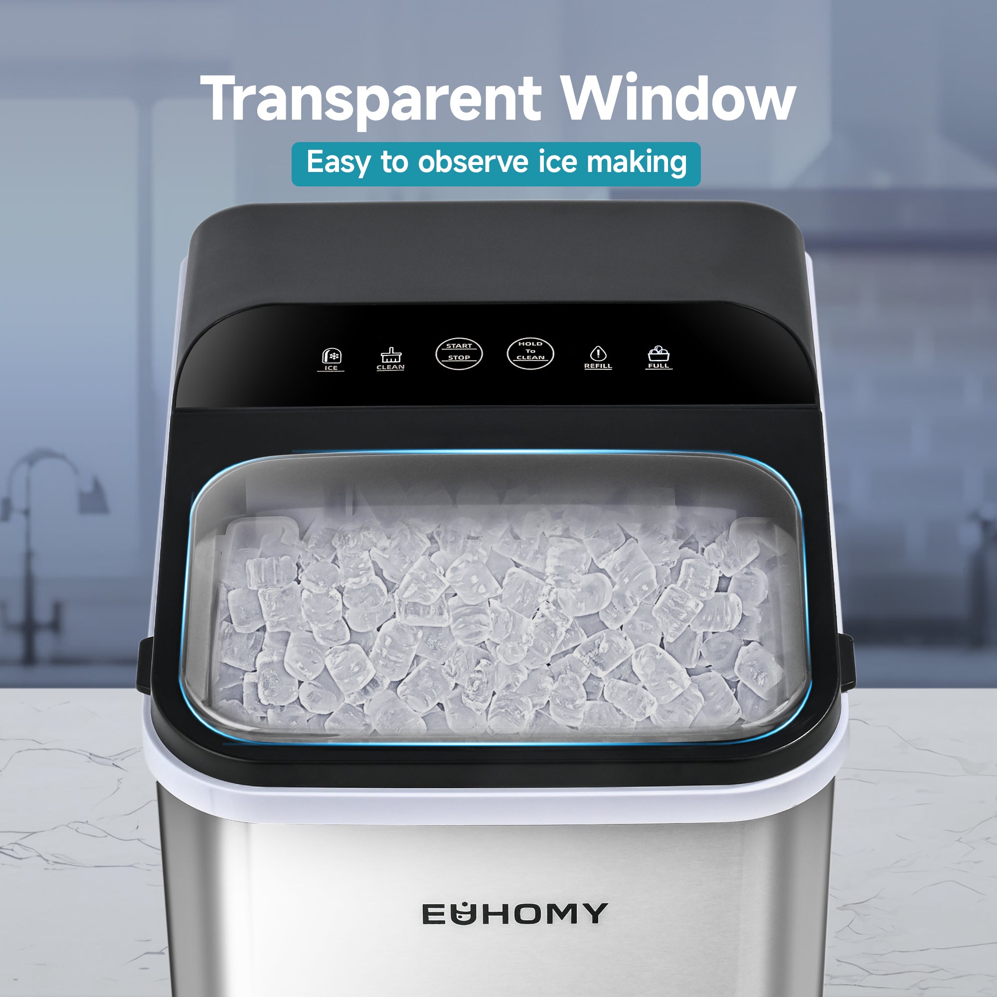 Euhomy Pearl U1 nugget ice maker with transparent window showing full ice basket, ideal for home and RV countertop use.