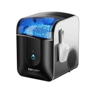 Euhomy Pearl L1 Pro nugget ice maker with blue-lit transparent lid and ice basket