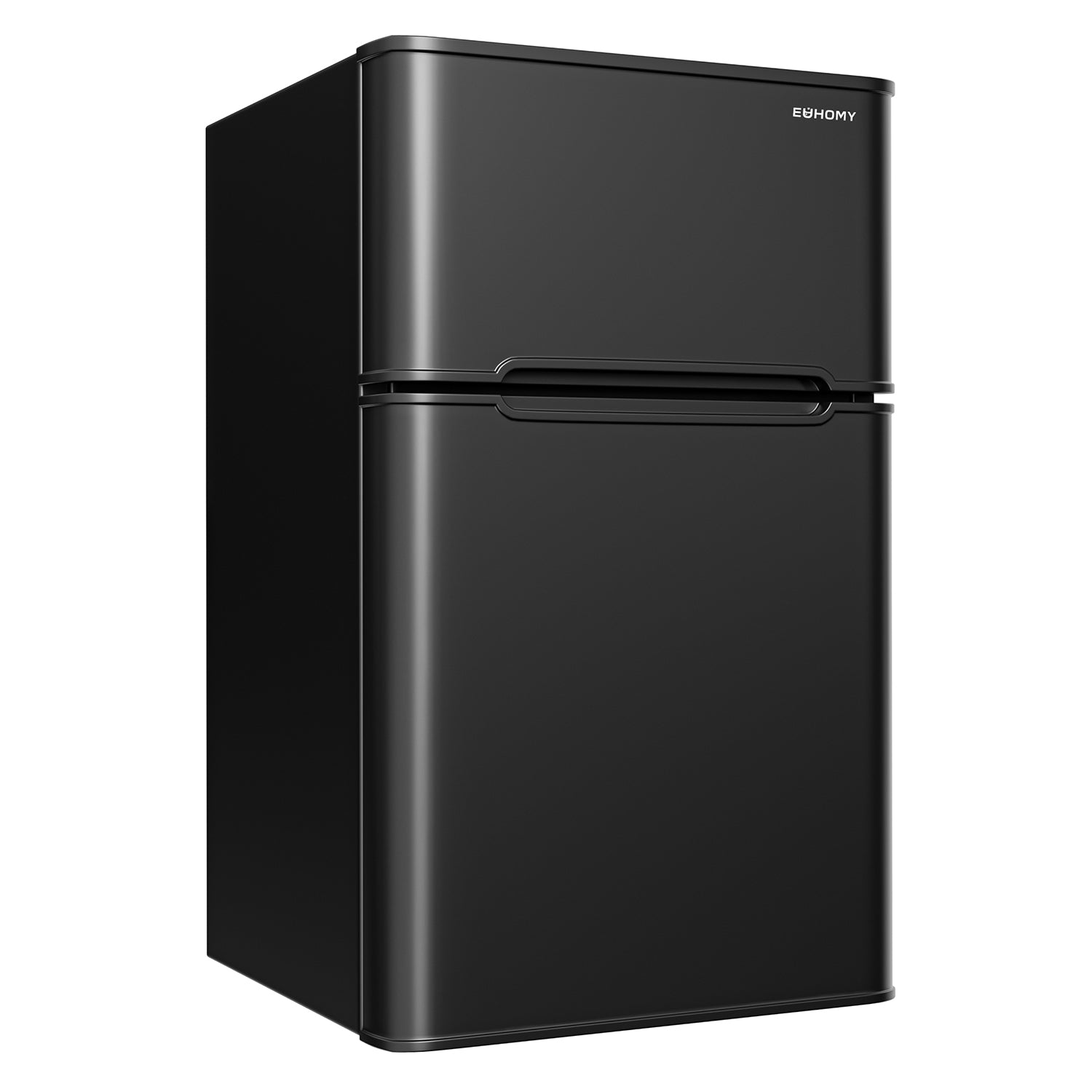 EUHOMY 3.2 Cu.Ft black dual-door mini fridge with brushed metal handle and dual zone cooling.