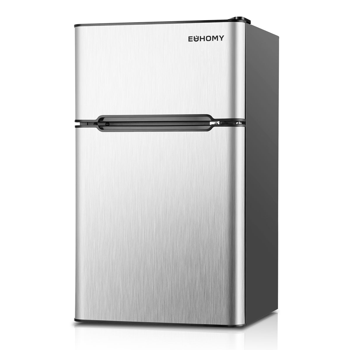 EUHOMY 3.2 Cu.Ft dual-zone mini fridge with brushed stainless steel doors and black freestanding design.
