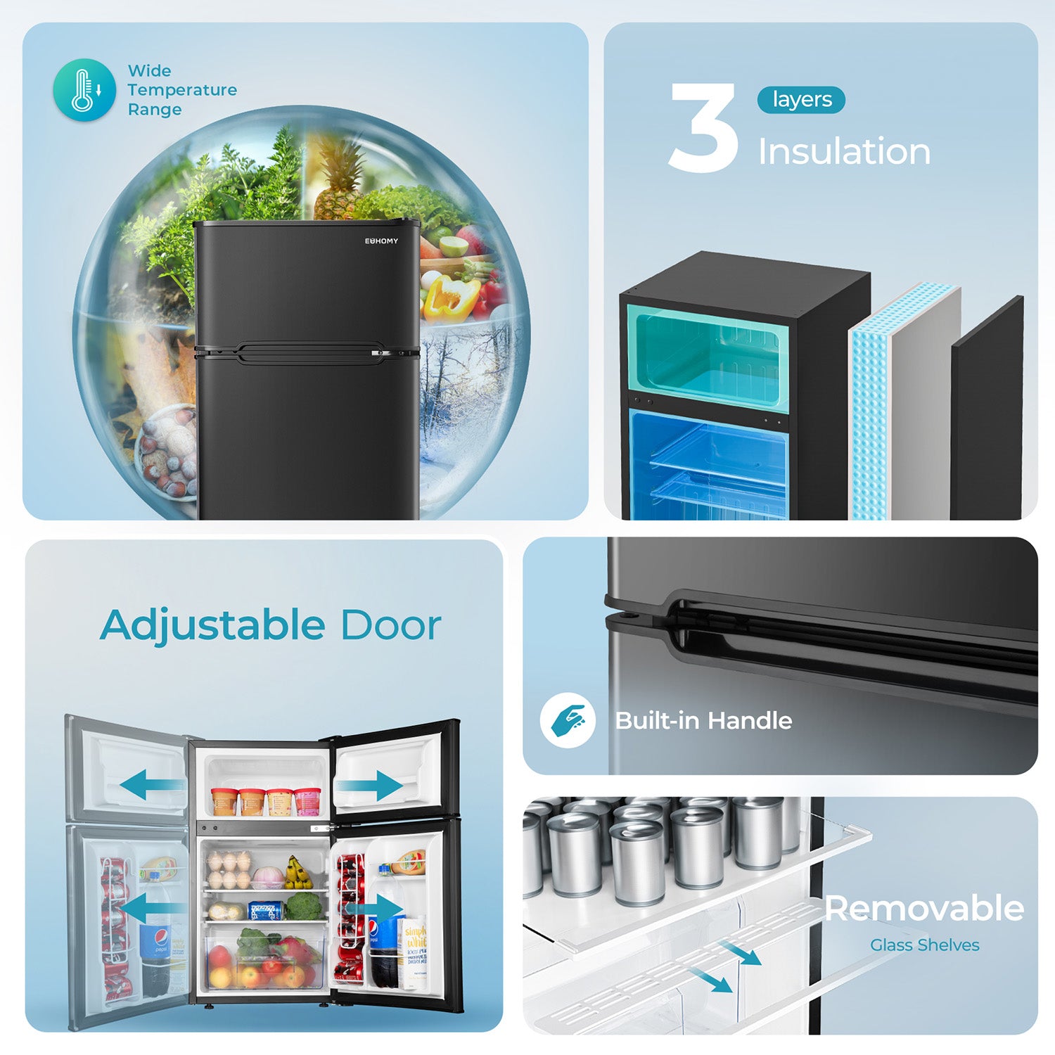 EUHOMY 3.2 Cu.Ft black mini fridge built-in or freestanding with wide temperature range and removable shelves.