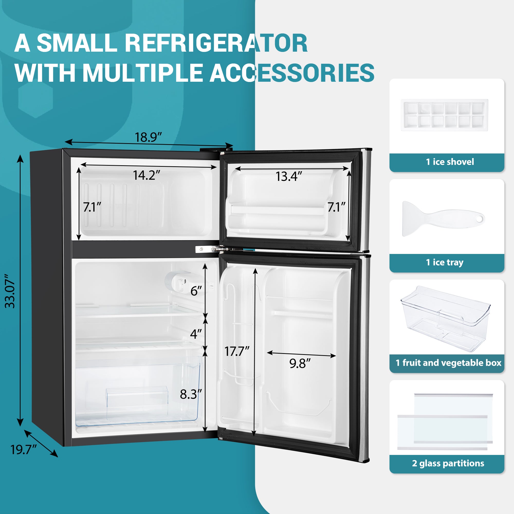 EUHOMY 3.2 Cu.Ft black mini fridge with dimensions and accessories including ice shovel and glass partitions.