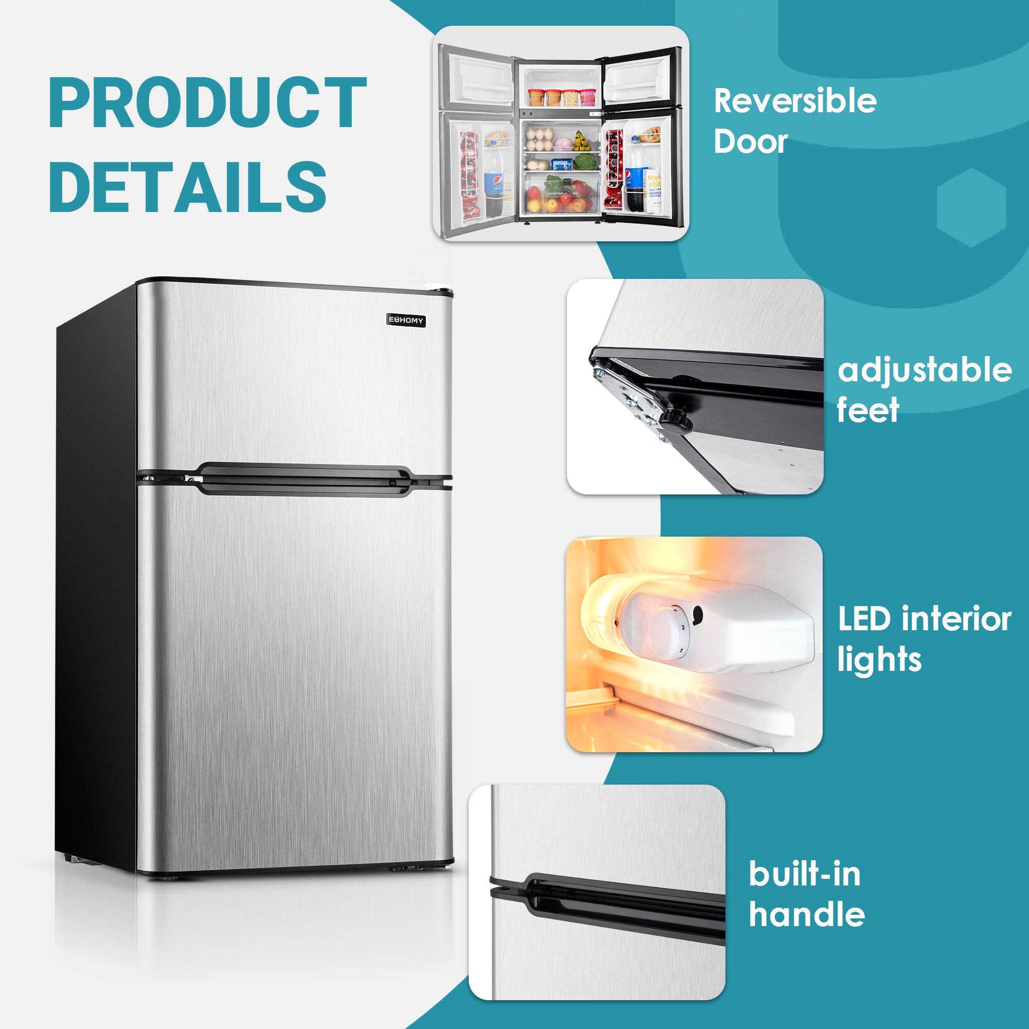EUHOMY 3.2 Cu.Ft stainless steel mini fridge built-in and freestanding with reversible door and LED lights.