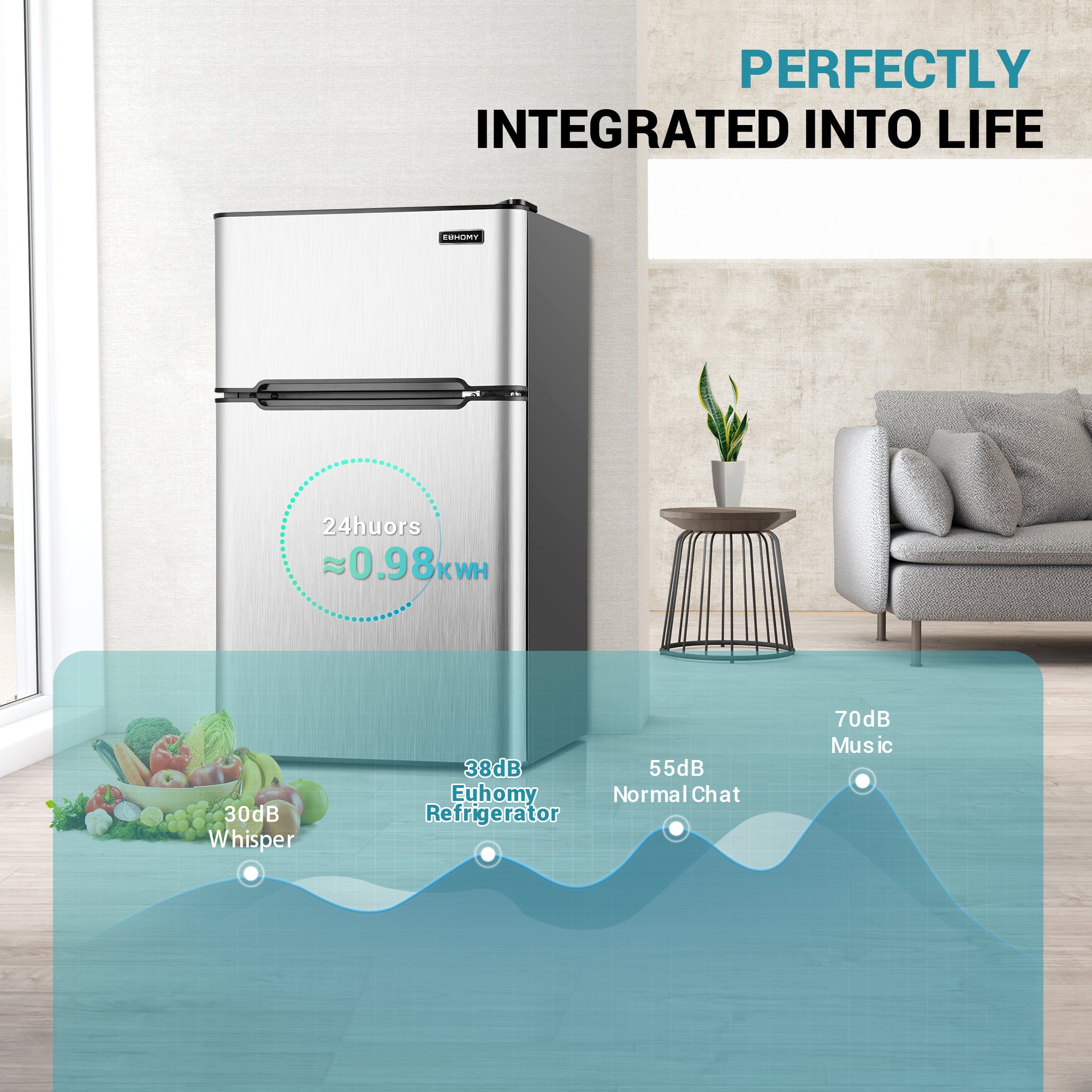 EUHOMY 3.2 Cu.Ft stainless steel mini fridge energy efficient 0.98KWH/24h and quiet 38dB operation.