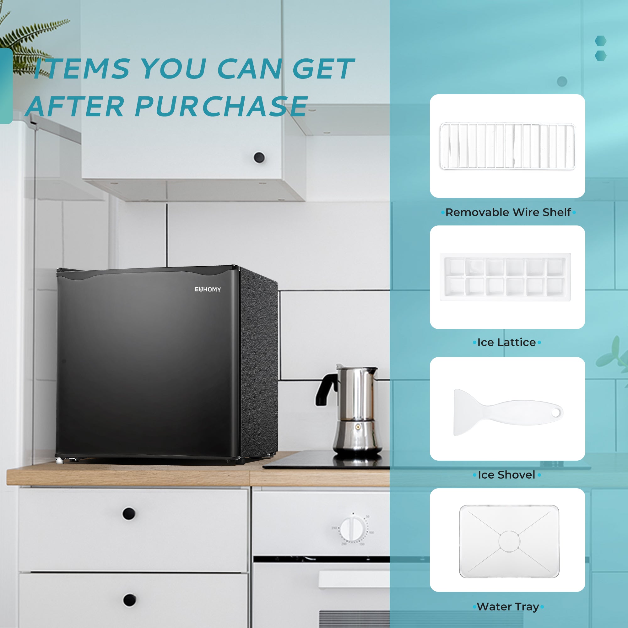 EUHOMY 1.7 Cu.Ft black mini fridge and included accessories: wire shelf, ice lattice, ice shovel, water tray.