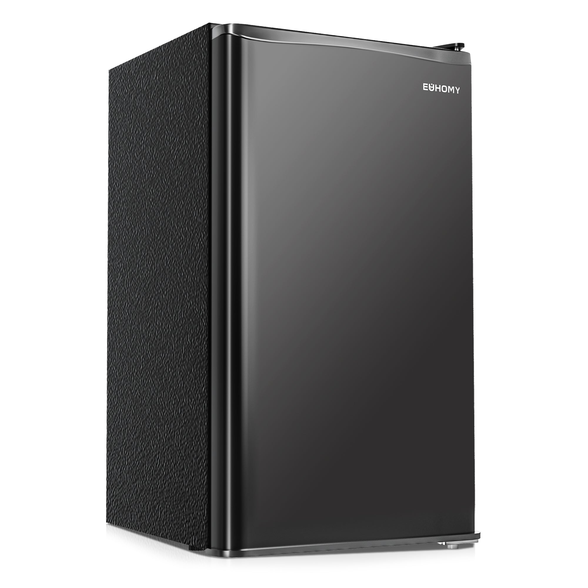 EUHOMY black single-door mini fridge with freezer, compact refrigerator on white background, showing product design.