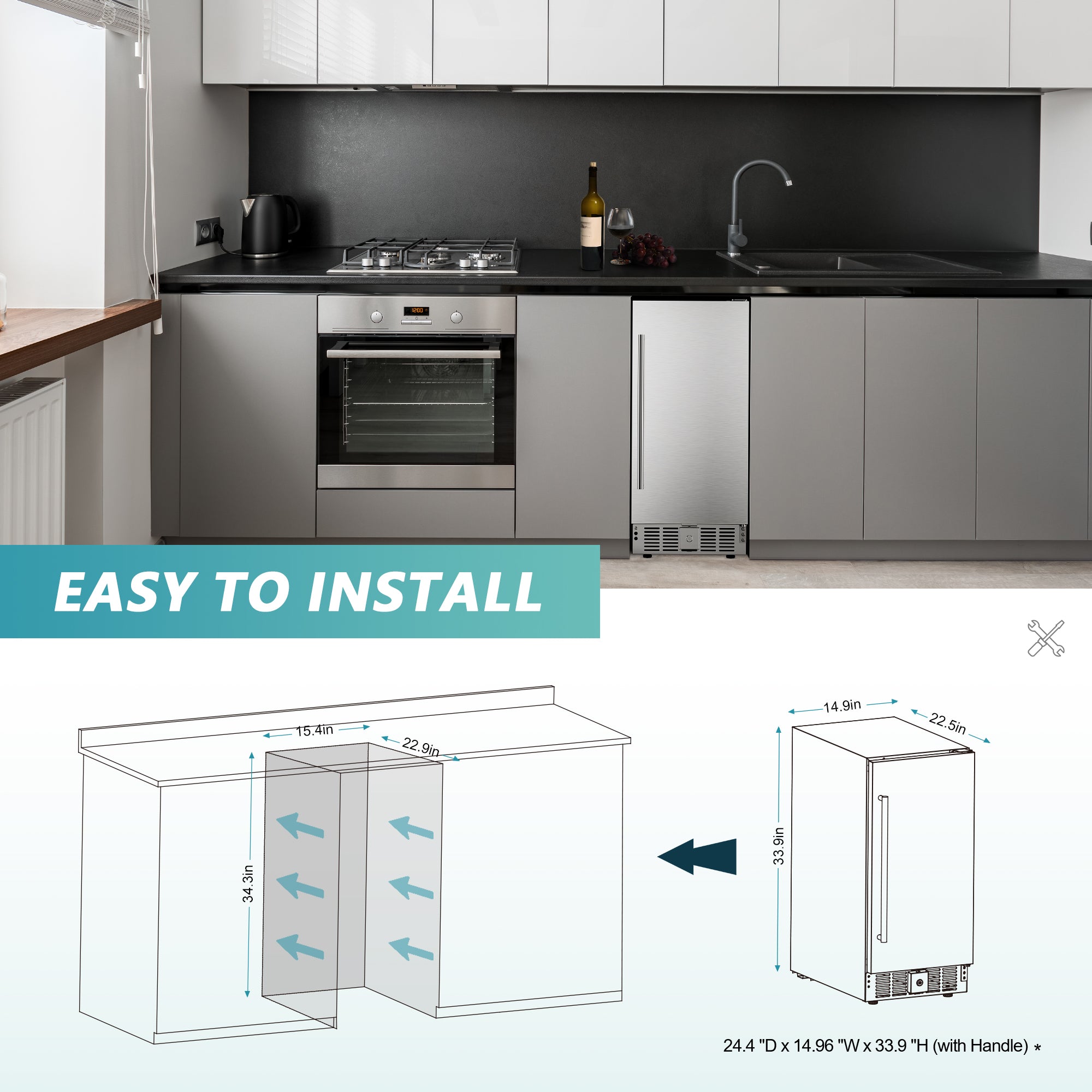 Euhomy 15 inch under counter beverage refrigerator: installation dimensions and front ventilation diagram.