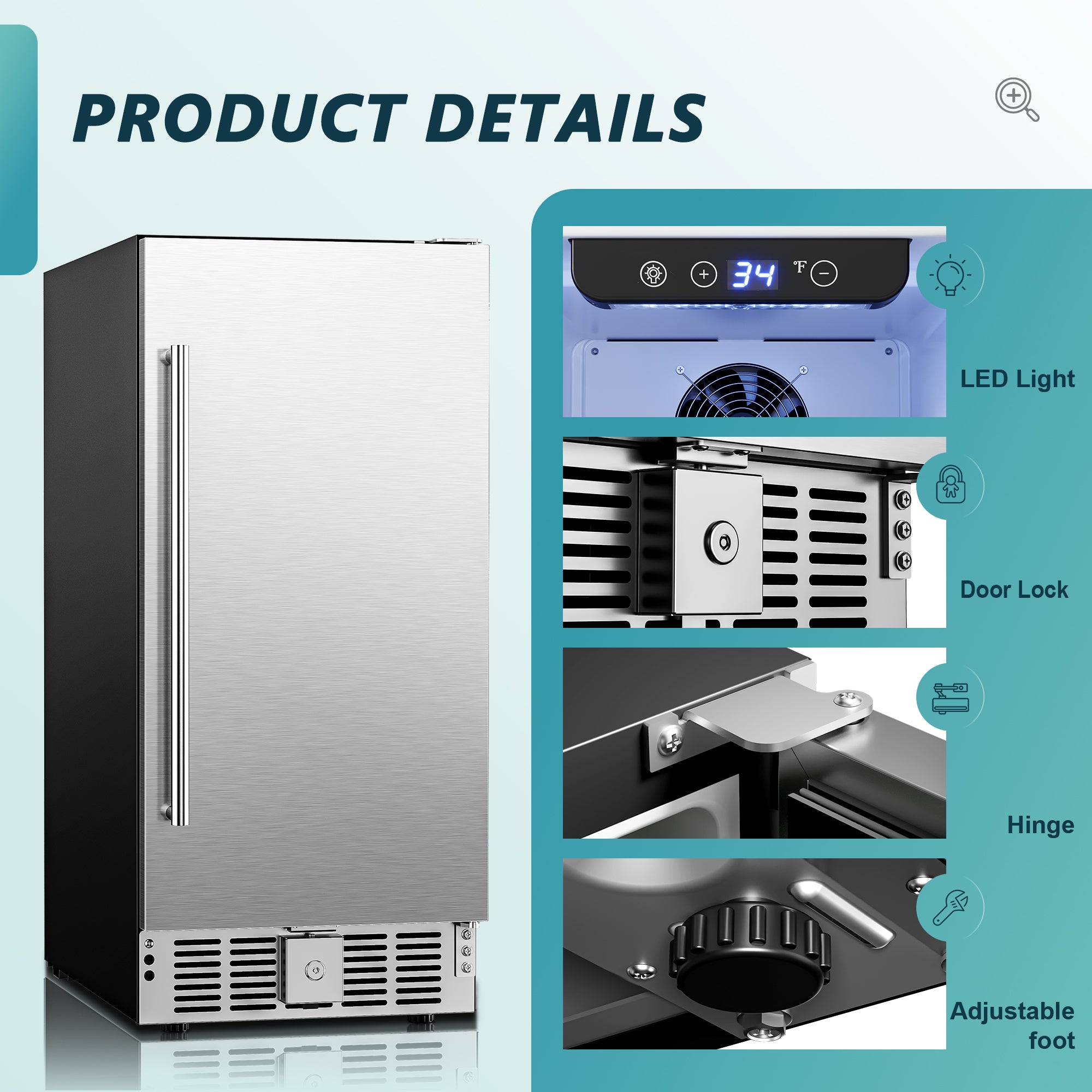 EUHOMY 15 inch beverage refrigerator product details: LED light, door lock, hinge, and adjustable feet. Stainless steel door.