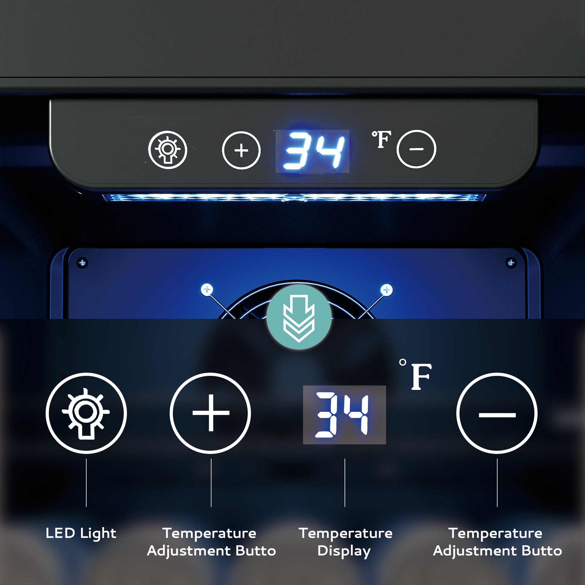 Euhomy 15" beverage fridge control panel: LED light, temp adjustment, 34°F display.