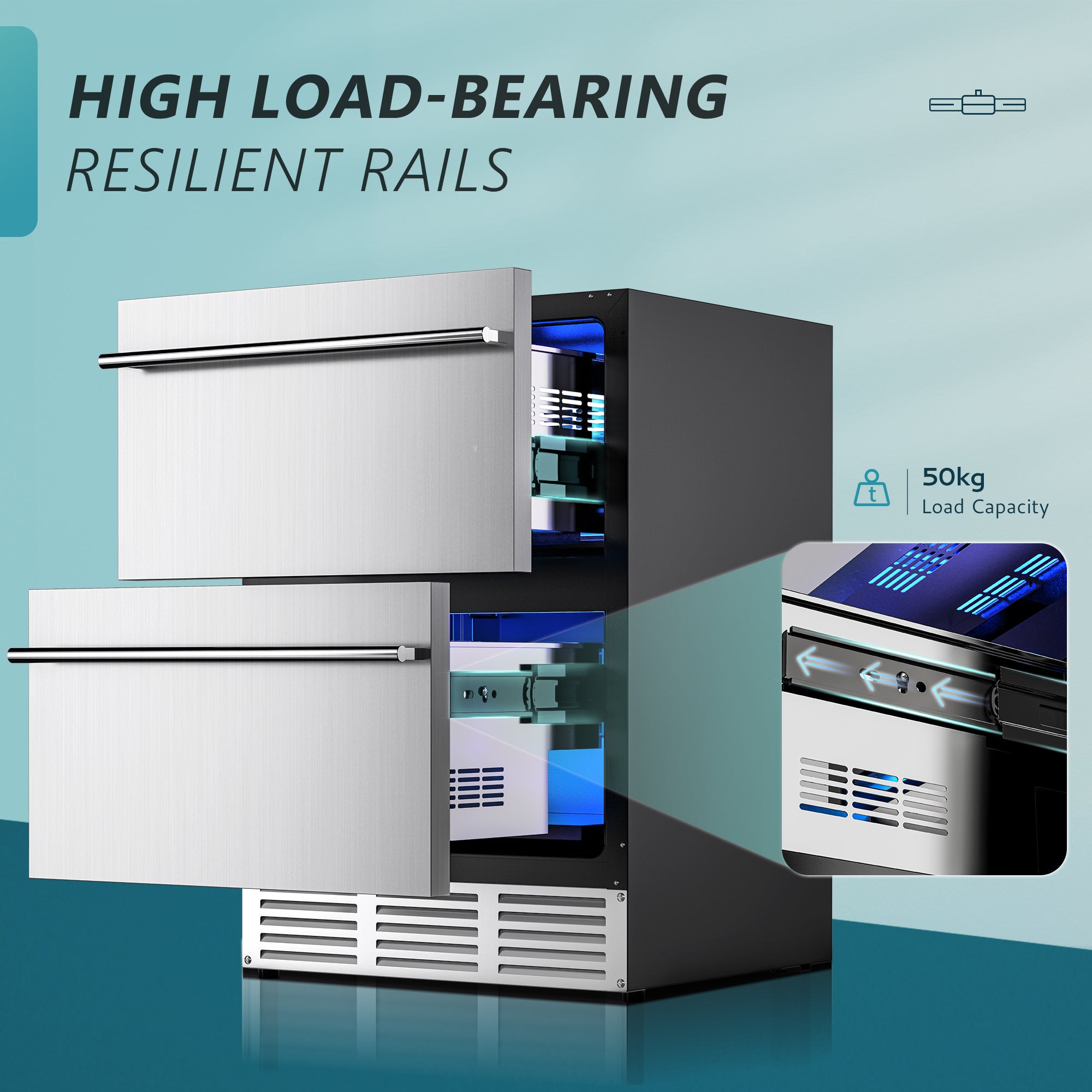 EUHOMY 24-inch under counter double drawer fridge with 50kg high load-bearing resilient rails and blue interior lighting.