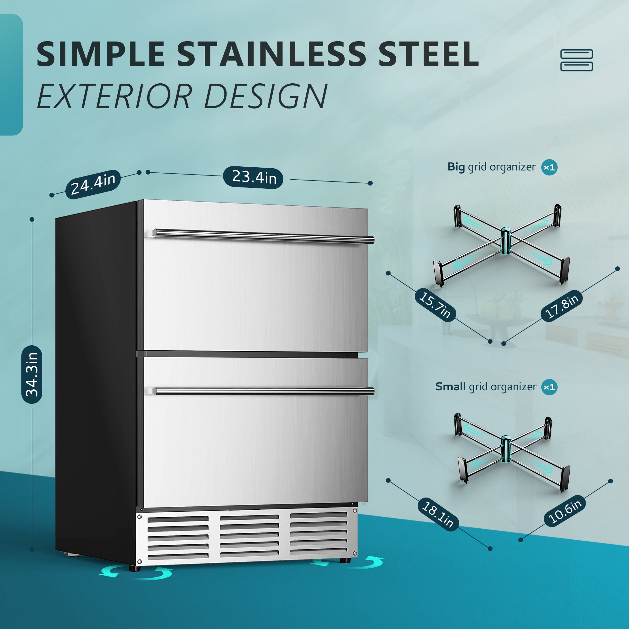 EUHOMY 24 inch under counter double drawer fridge dimensions H:34.3" W:23.4" D:24.4" with grid organizers.