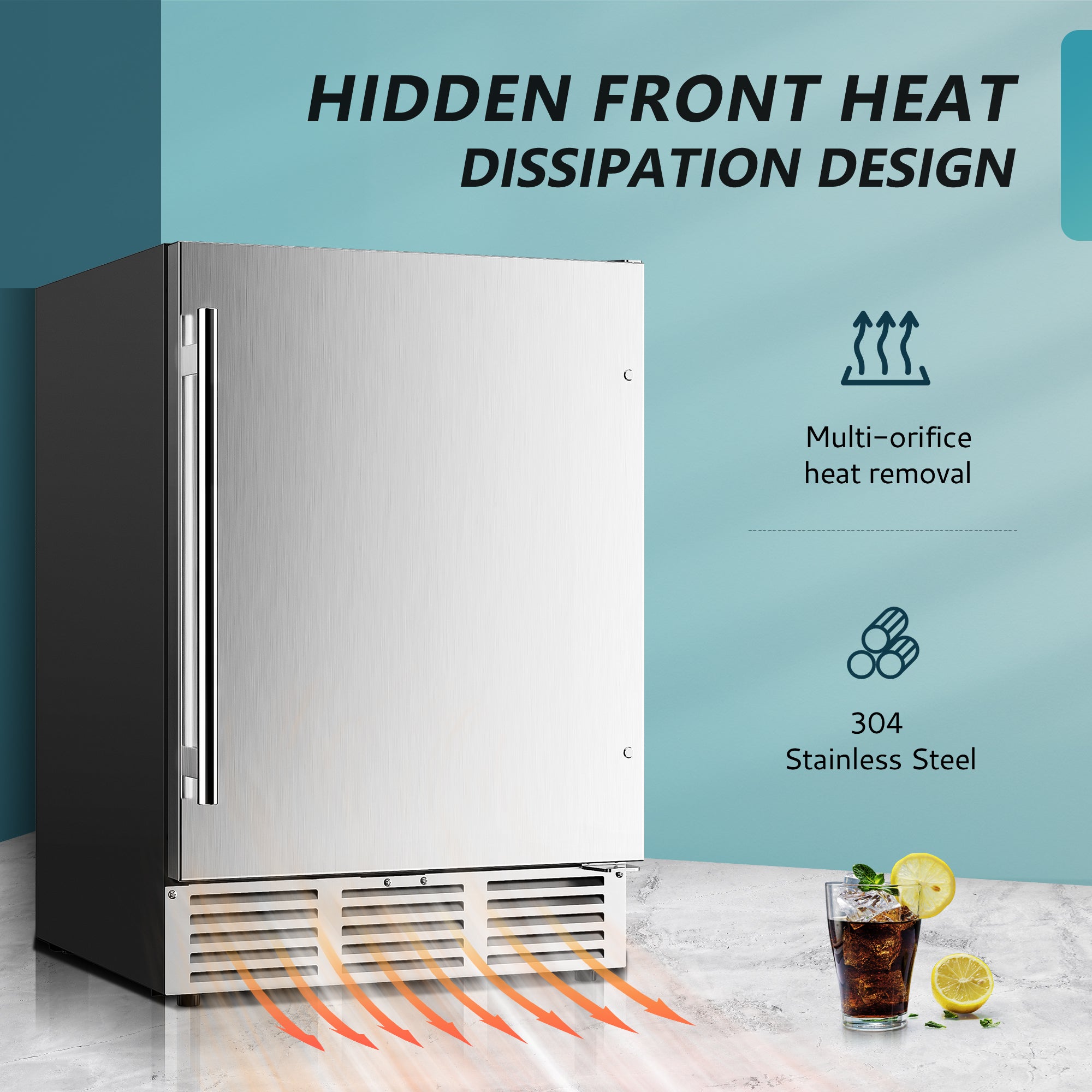 EUHOMY 24-inch beverage fridge with hidden front heat dissipation and stainless steel door for undercounter installation.