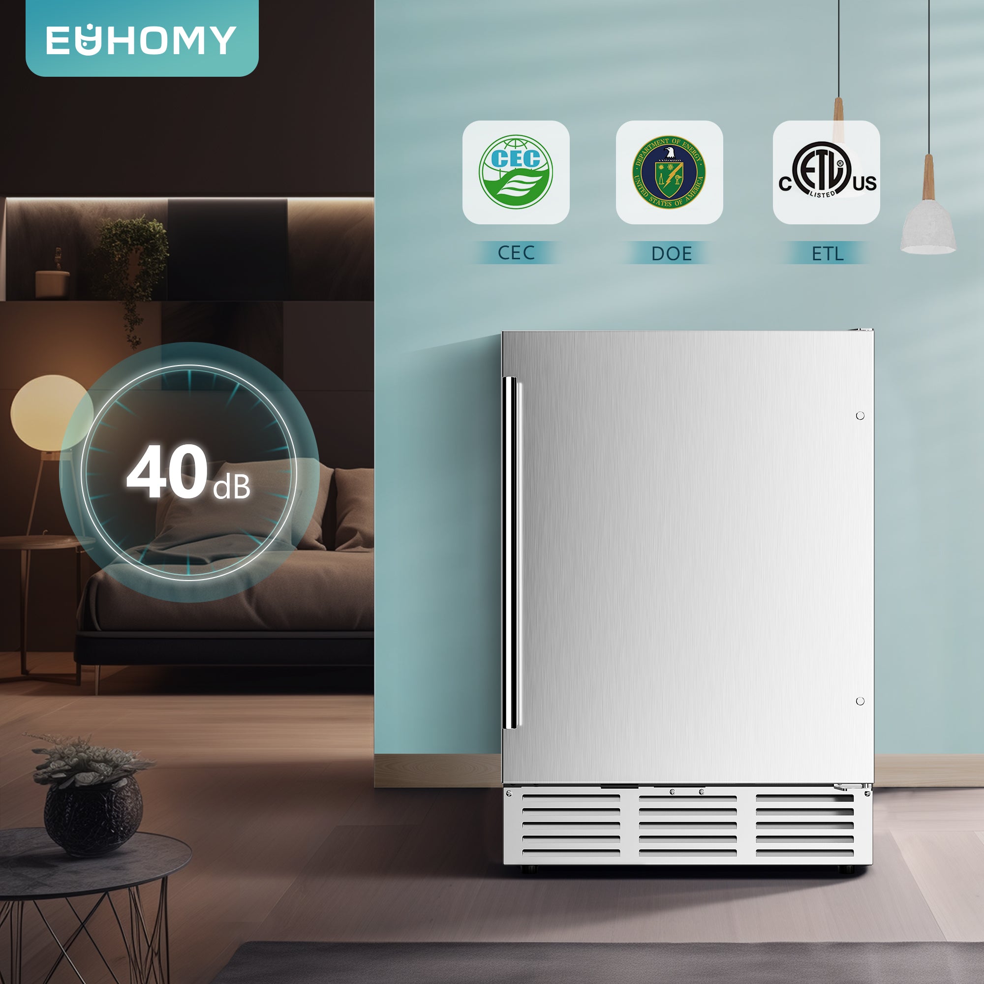 EUHOMY 24-inch stainless steel beverage refrigerator with 40 dB quiet operation and CEC, DOE, ETL certifications.