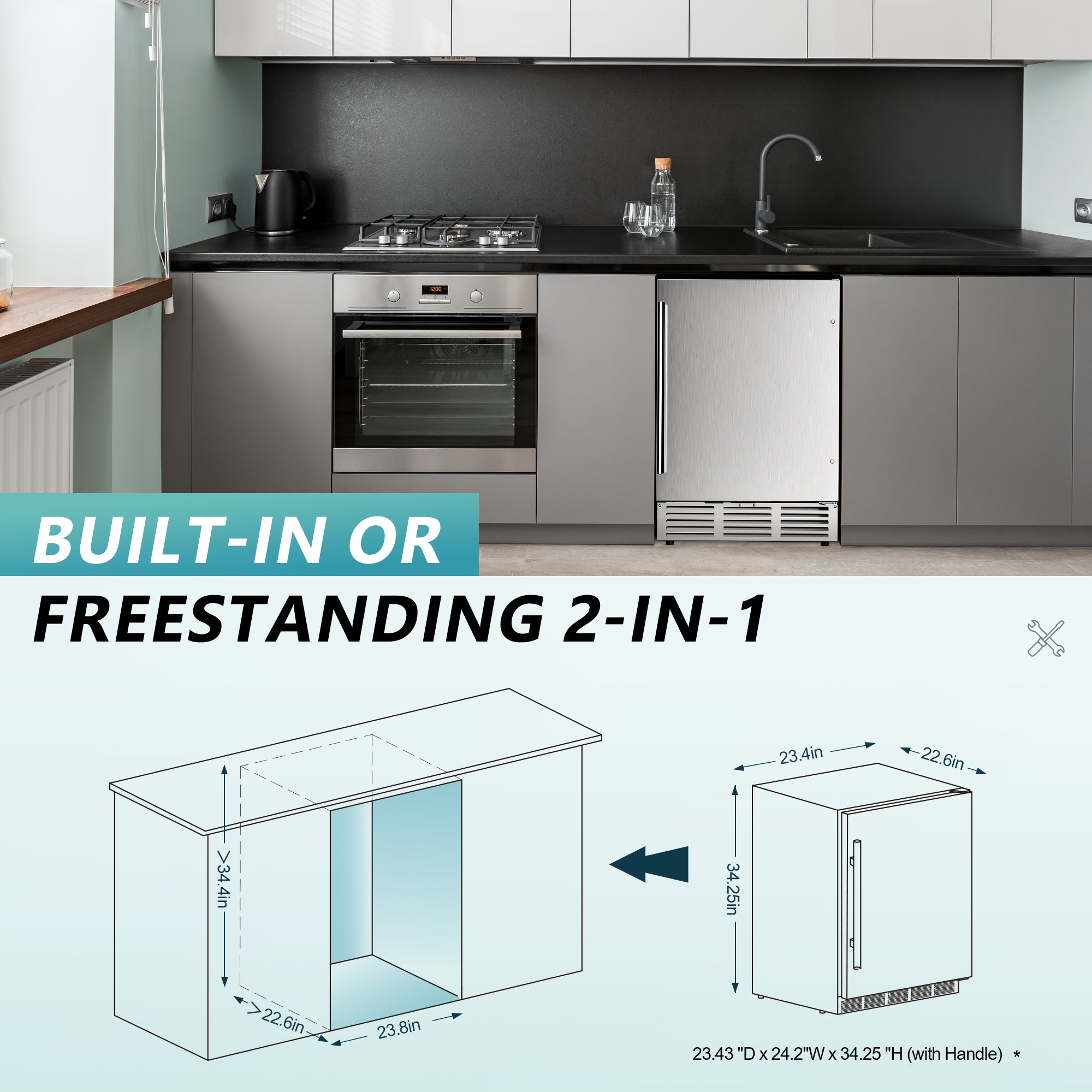 EUHOMY 24-inch stainless steel beverage fridge, built-in/freestanding, with installation dimensions shown.